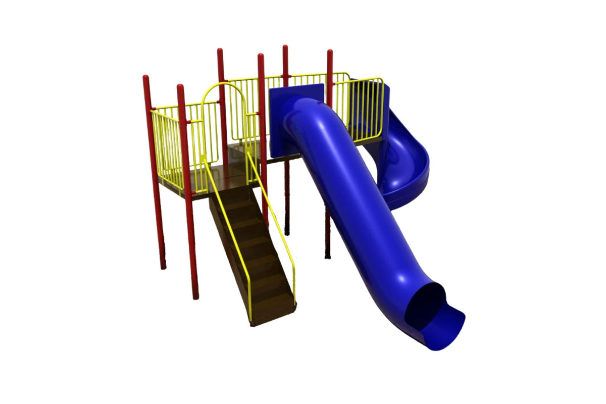 Playground structure with red posts, yellow railings, brown steps, and two blue slides including a straight tube and spiral slide