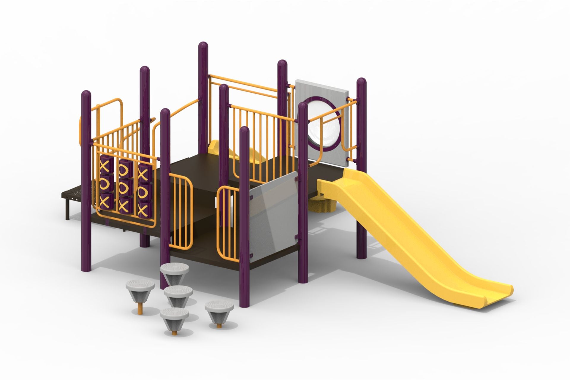 Purple and yellow modular playground with double slide, tic tac toe panel, climbing steps, and bubble panel