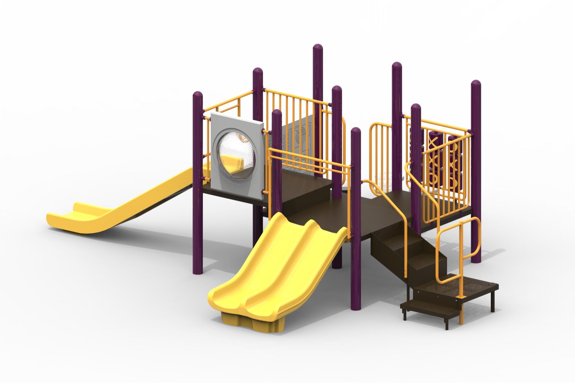 Modular playground with dual yellow slides, purple uprights, stairs, and interactive play panels including tic tac toe and bubble panel