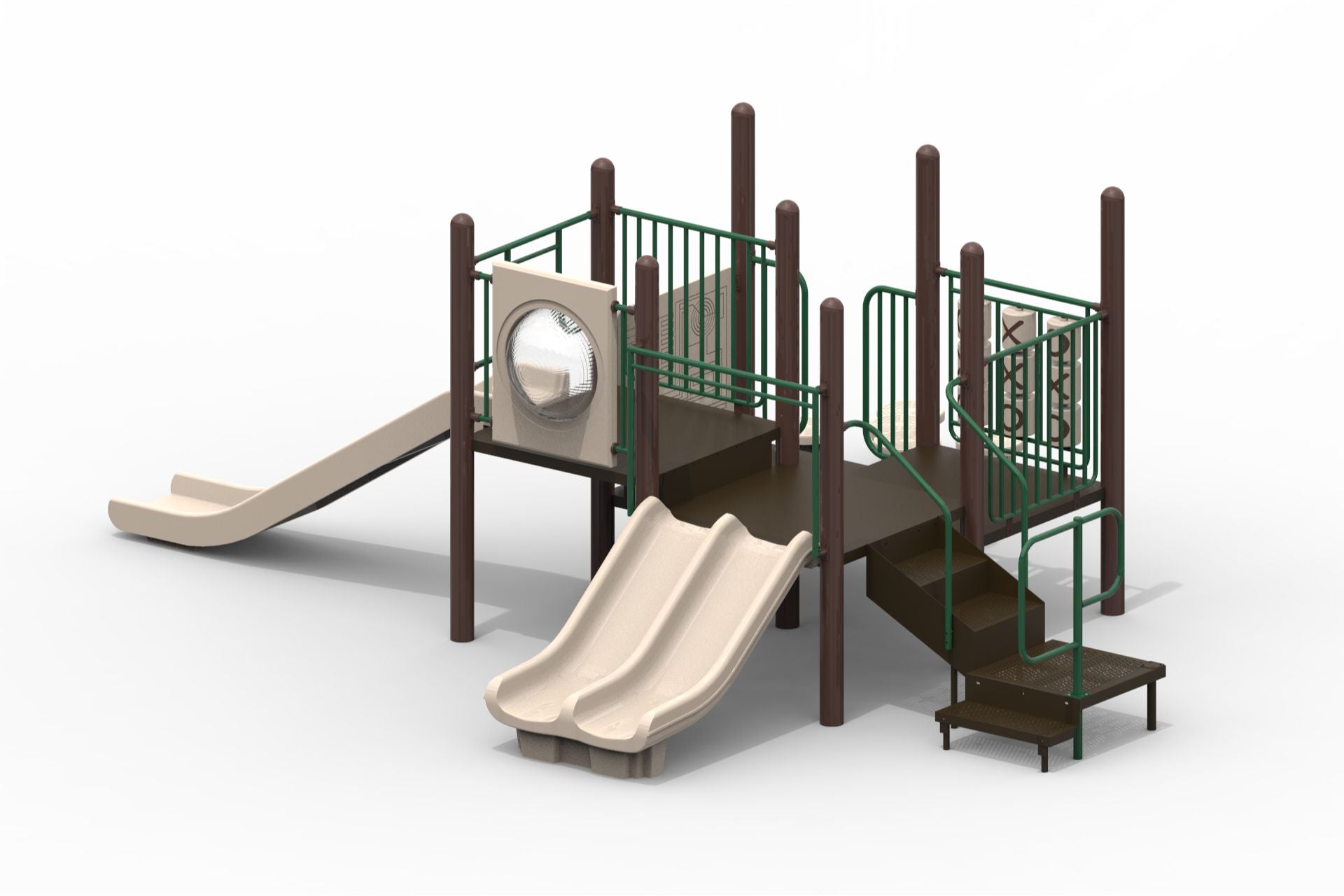 Lauren Modular Playground with natural-colored dual slides, climbing stairs, tic tac toe and bubble panels on heavy-duty uprights