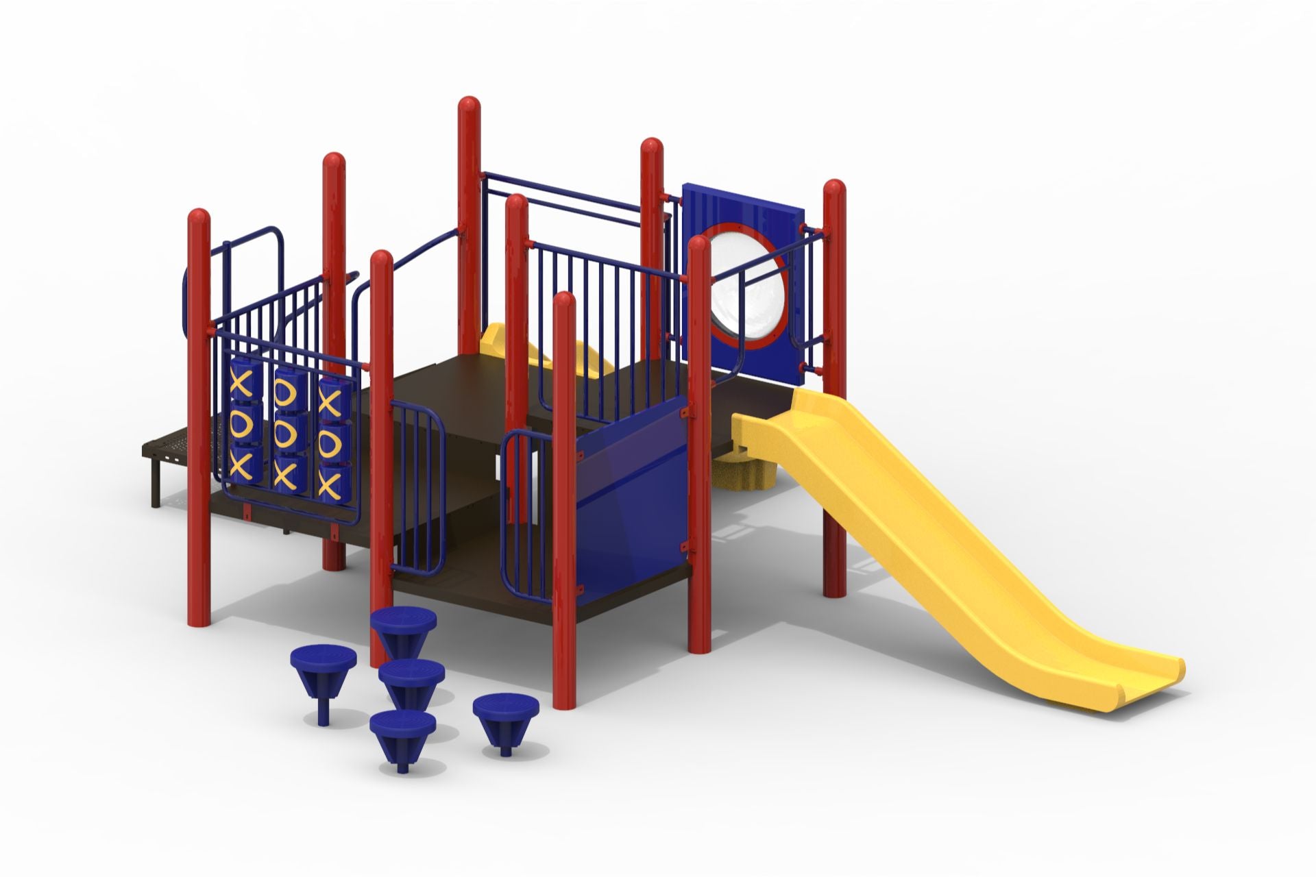 Compact modular playground with yellow slide, red posts, blue climbing steps, and tic tac toe panel