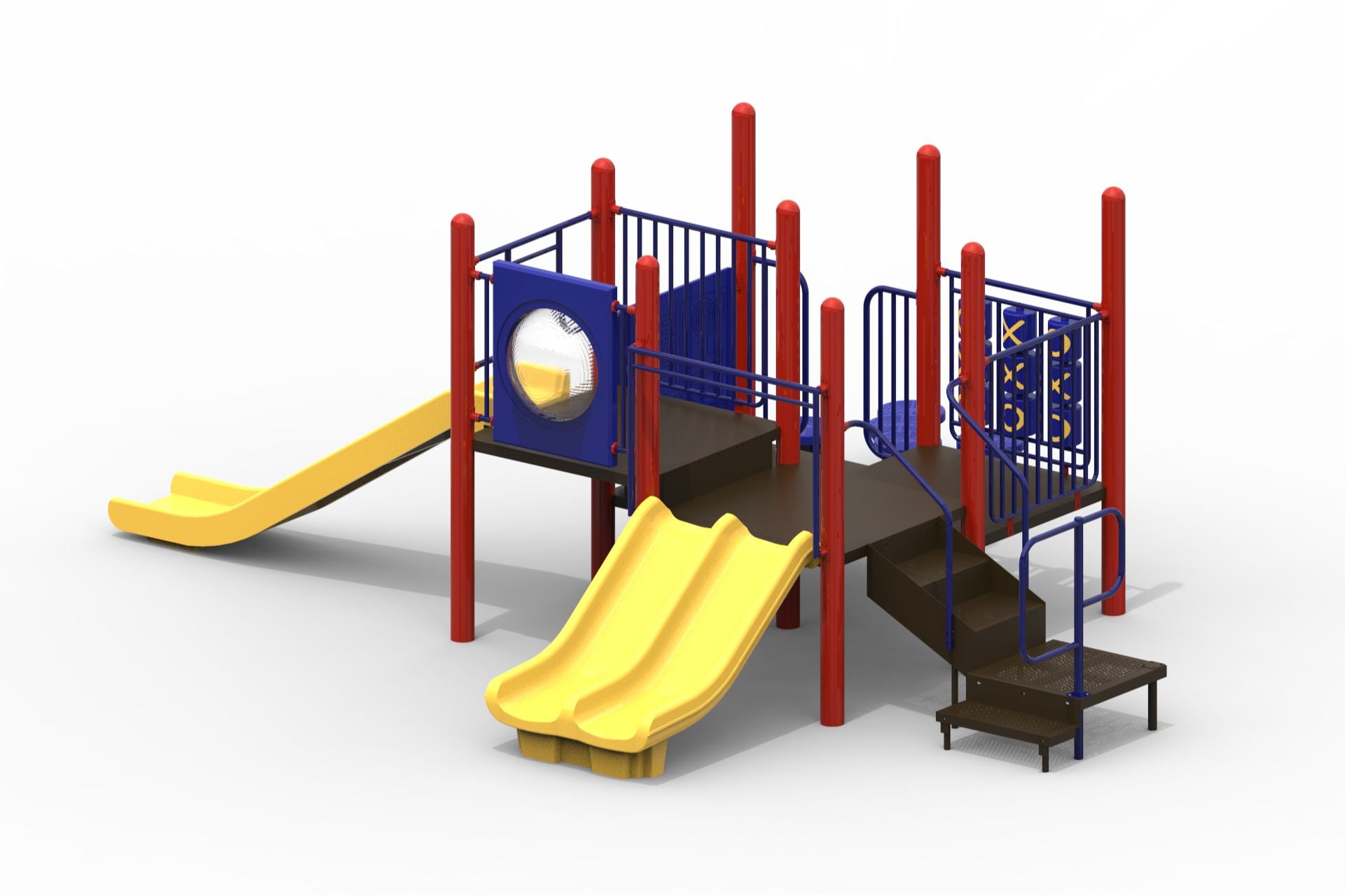 Playground with red uprights, yellow double and straight slides, blue railings, stairs, and activity panels including tic tac toe and bubble panel