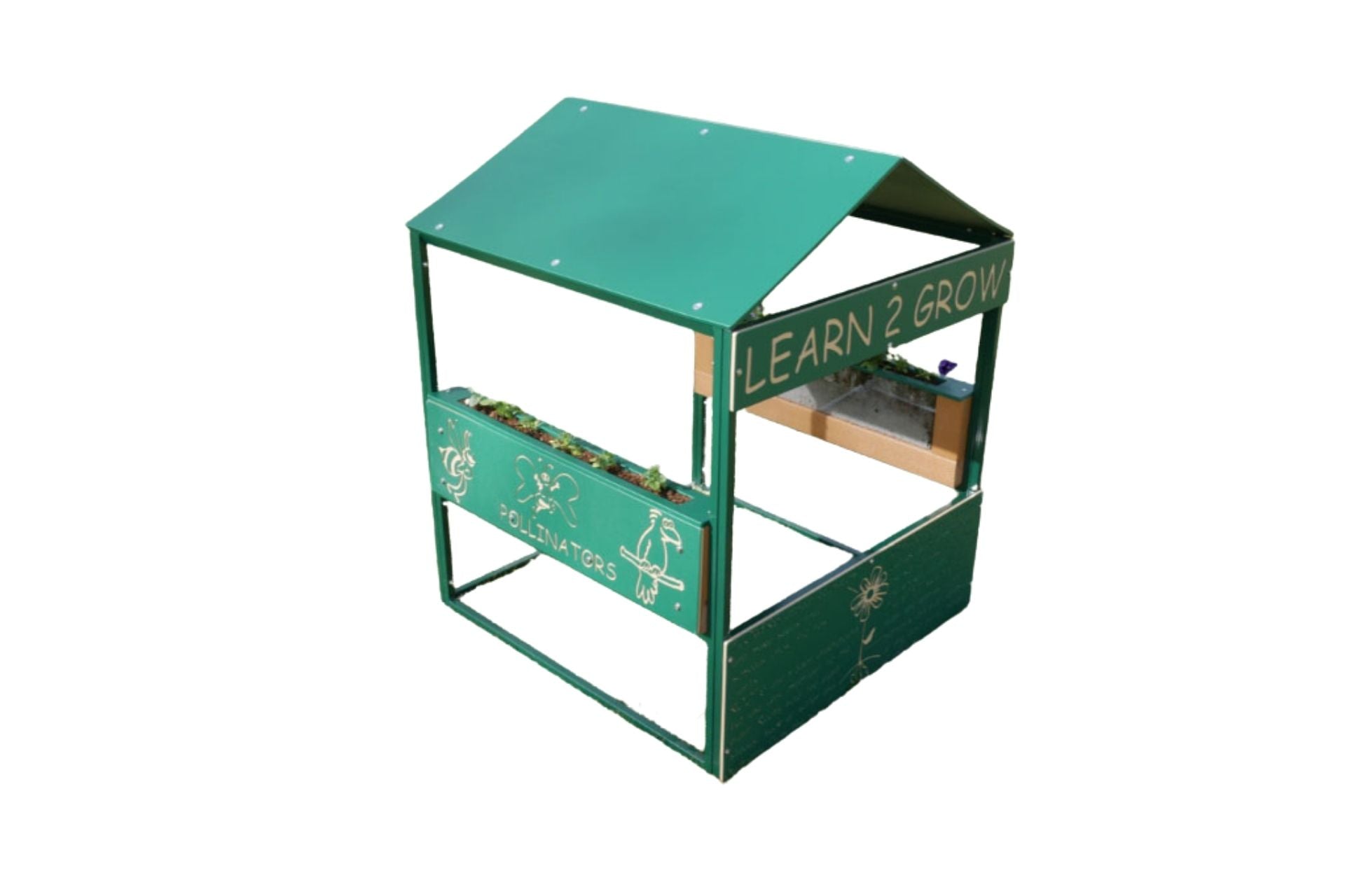Learn To Grow Playhouse with green roof, clear root view planters, and pollinator-themed educational outdoor play panels