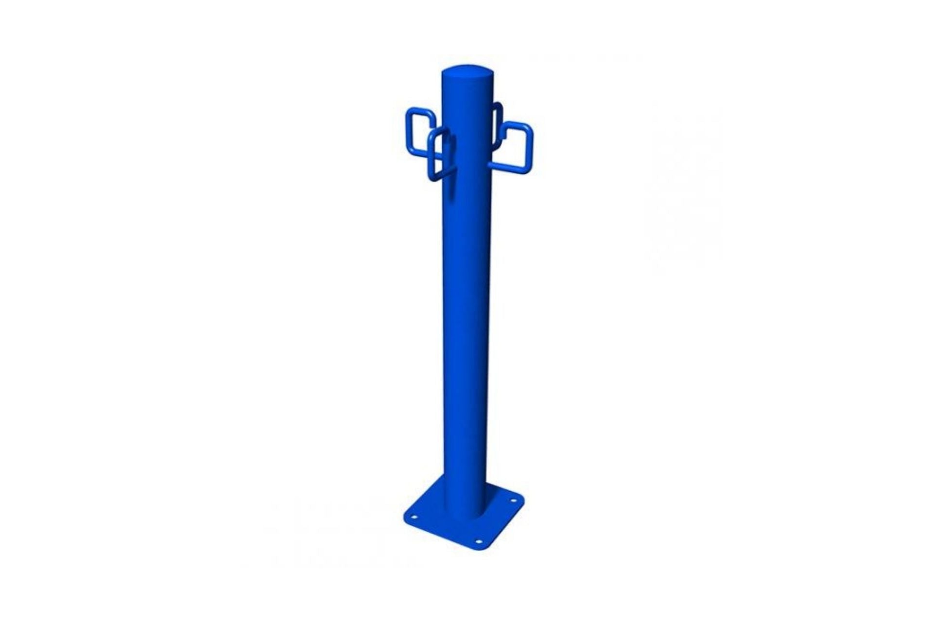 BarkPark Leash Post in blue with four C-hooks on a square base for organized leash hanging at dog parks