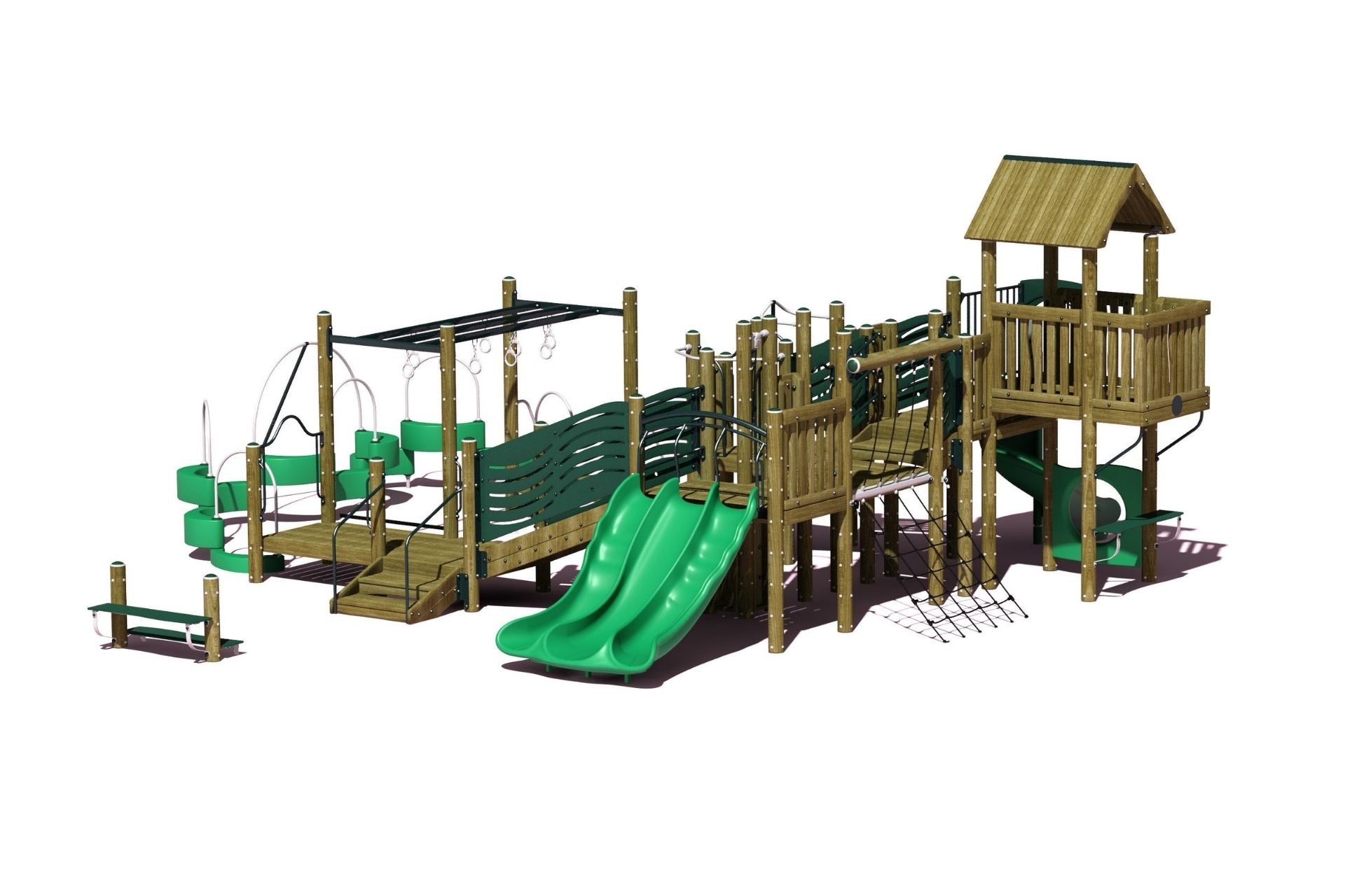 Legacy Play System with triple wave slide, climbing net, spiral slide, and wooden play structures in green and natural tones