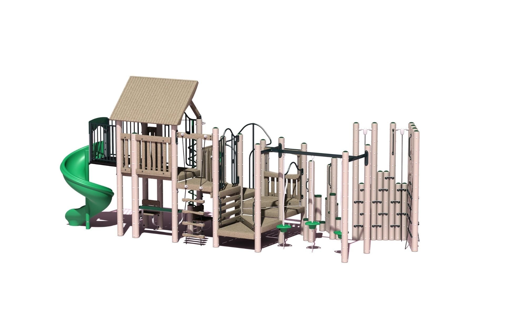 Legend Play System with spiral slide, multiple climbing elements, split platform design, neutral tones, and green accents
