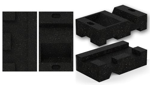 Black textured reversible leveling blocks for stabilizing and protecting wooden swing set legs from ground moisture, shown from multiple angles.