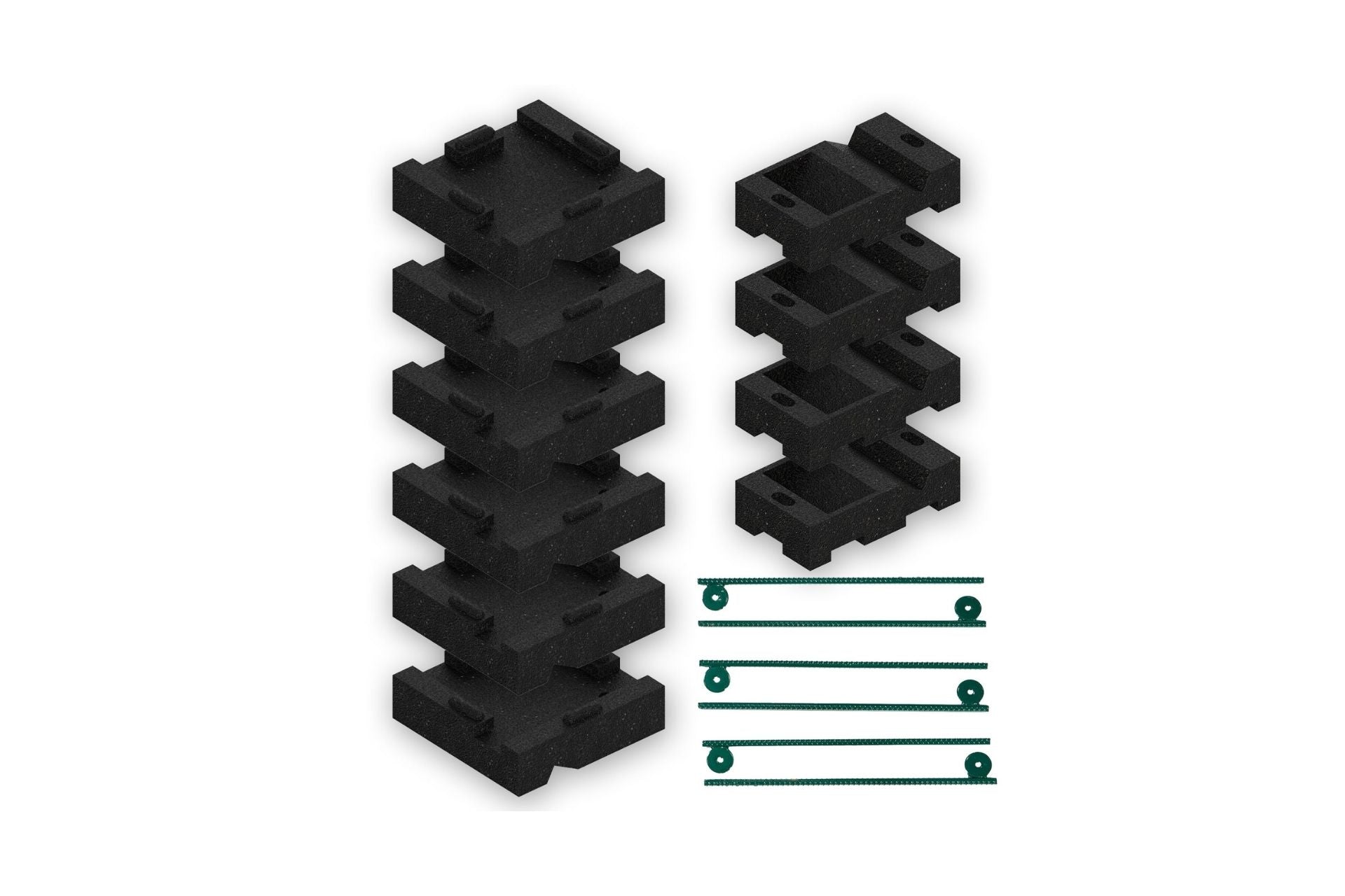 Level Dry Playset Leveling System with black reversible wooden swing set leveling blocks and green anchoring stakes on white background