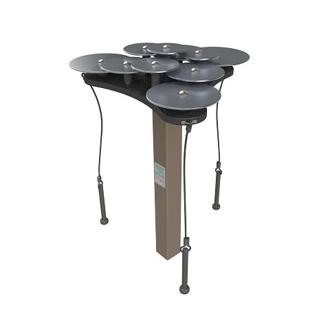 Outdoor musical instrument with multiple round cymbals mounted on a single post, featuring attached mallets for play.