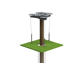 Outdoor musical instrument with ten black and silver anodized aluminum cymbals on a central post and three mallets attached by cables