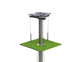 Outdoor musical instrument with ten black and silver anodized aluminum cymbals on a steel post and three mallets attached by cables