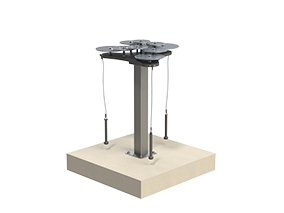 Outdoor musical instrument with ten black and silver anodized aluminum cymbals on a steel post and three mallets attached by cables