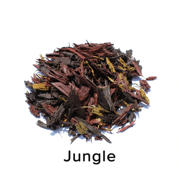 Loose fill rubber mulch with mixed dark brown, black, and yellow shredded pieces for durable playground and landscaping ground cover