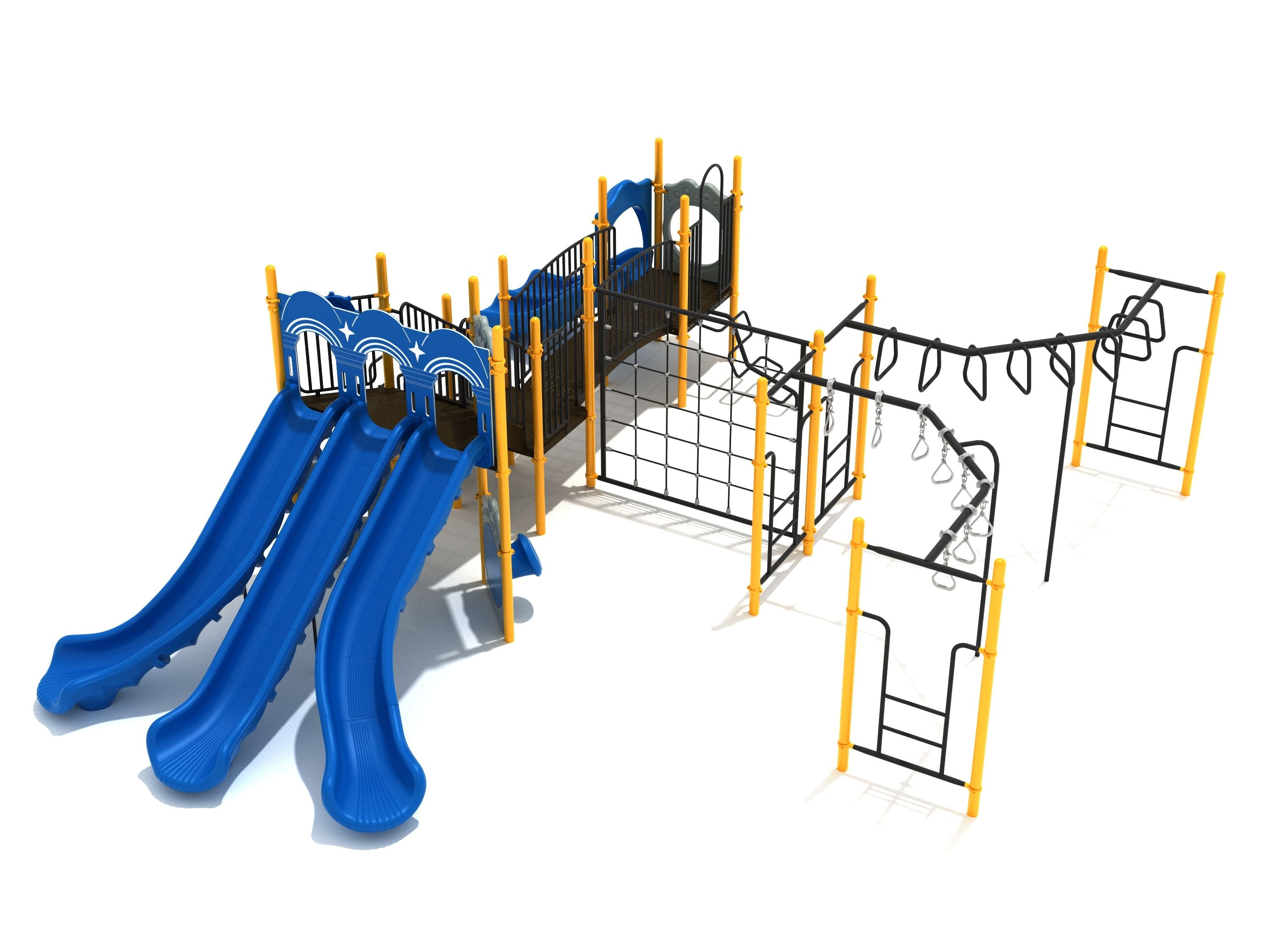 Manhattan Playground with blue triple slides, yellow and black climbing structures, overhead swinging rung ladders, and interactive play panels