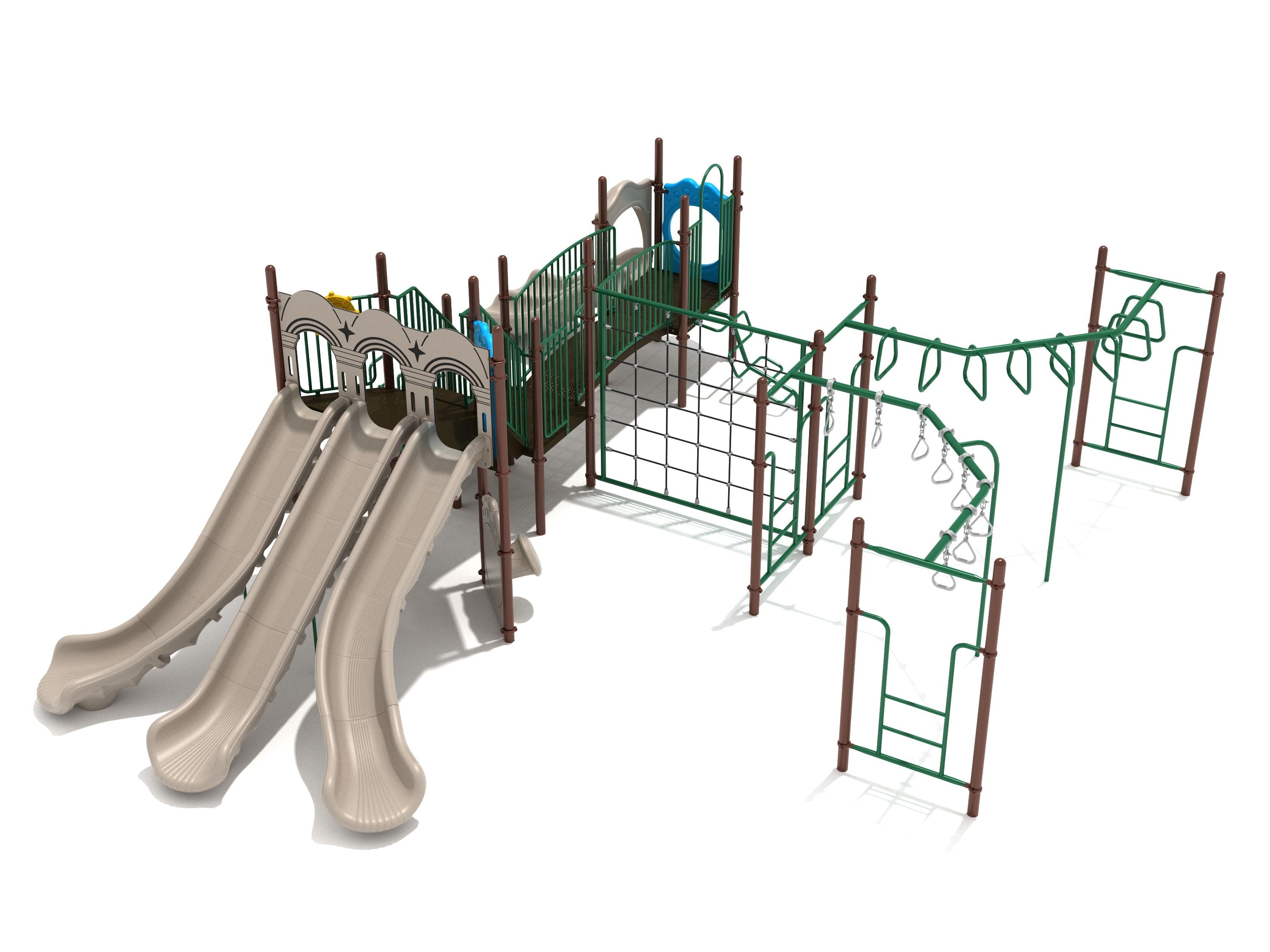 Beige triple slide, green climbing nets, overhead swinging rung ladders, and vertical ladders on a brown and green playground structure