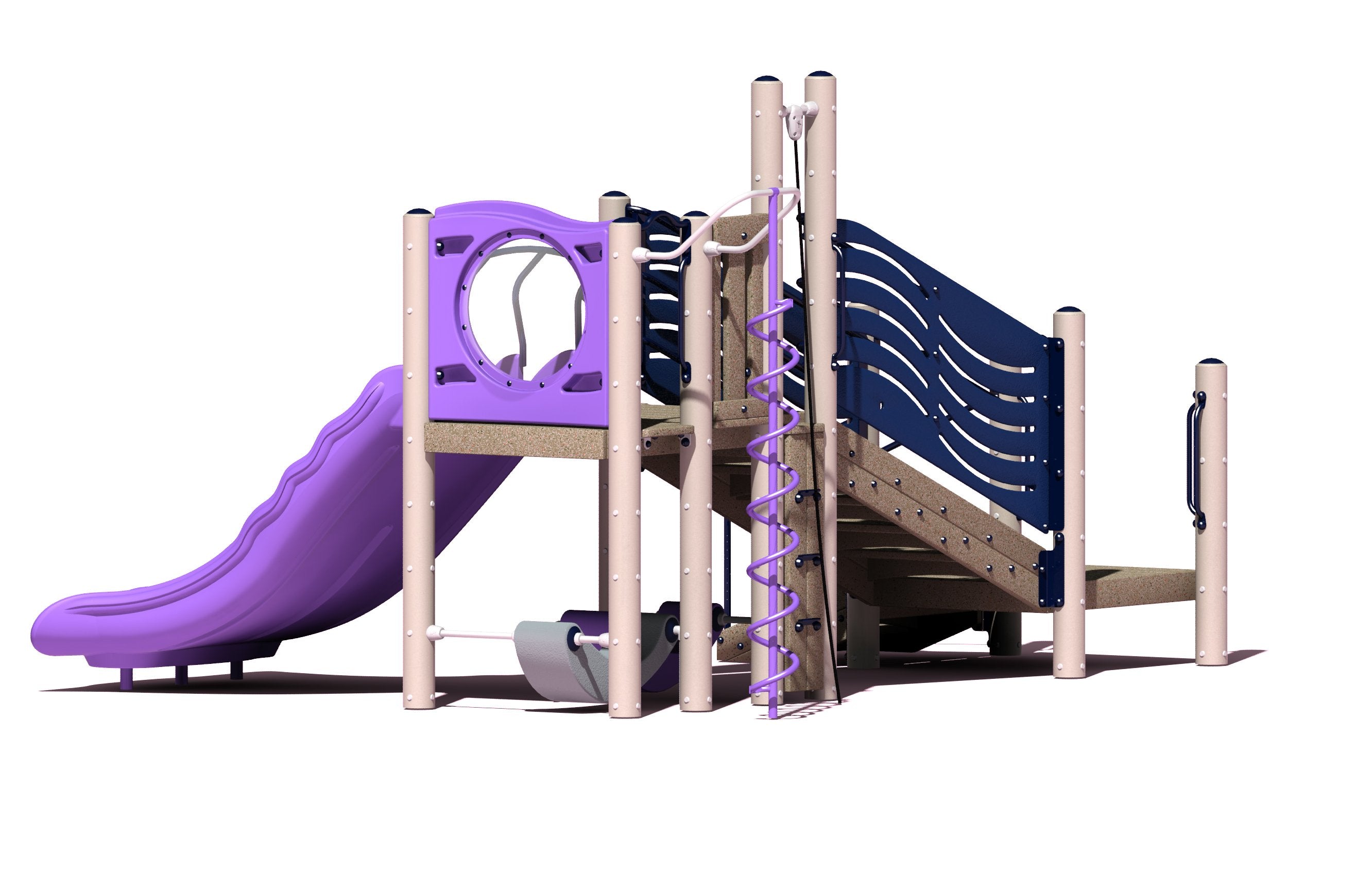 Compact accessible playground with purple slide, spiral climber, blue wave panel, and social seating for inclusive play