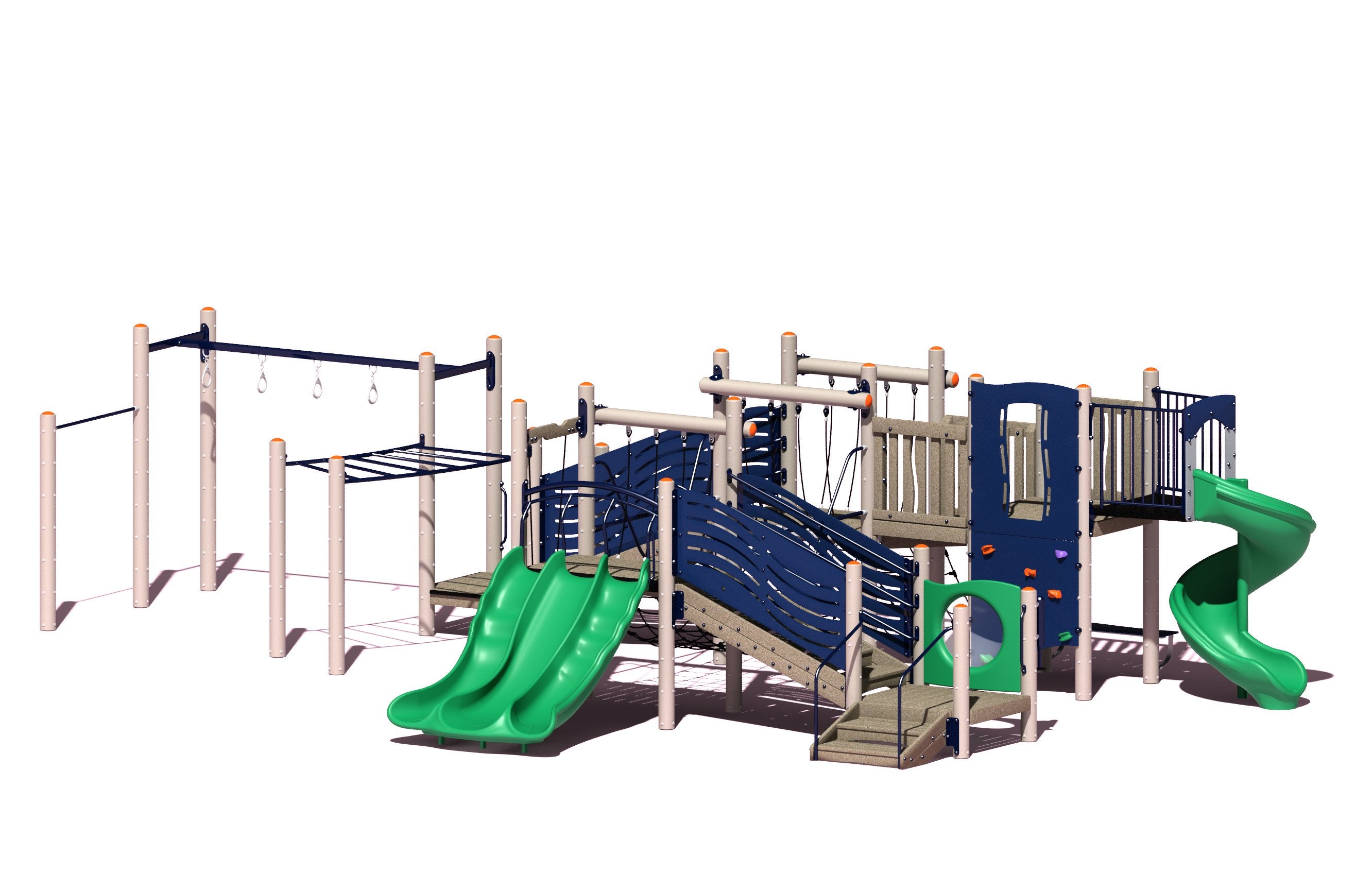 Outdoor play structure with dual green slides, spiral slide, climbing walls, monkey bars, curved ladder, and ADA-accessible ramps