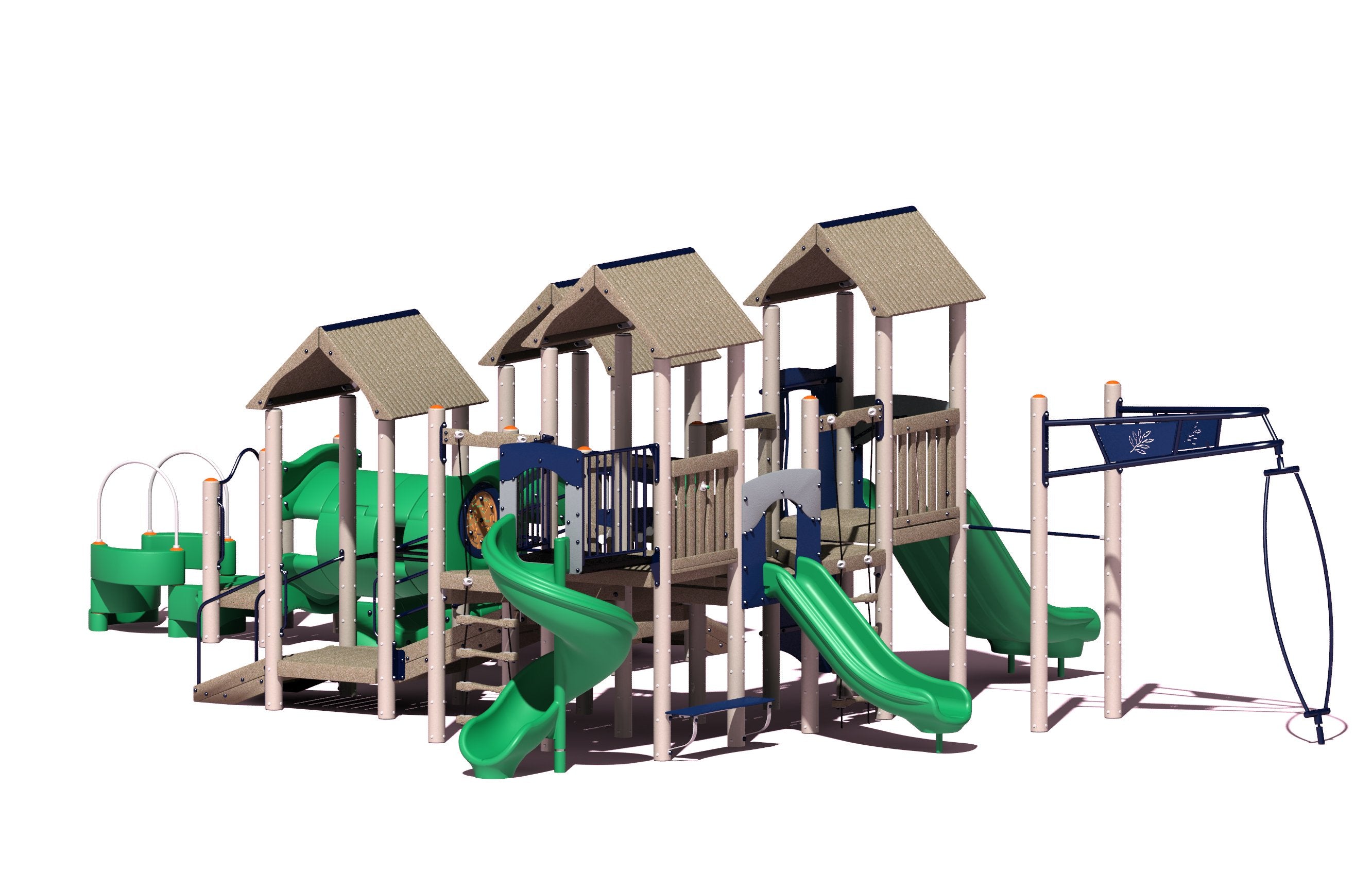 Large outdoor playground with beige roofed towers, green slides, climbing walls, rope swing, and tunnel for inclusive play