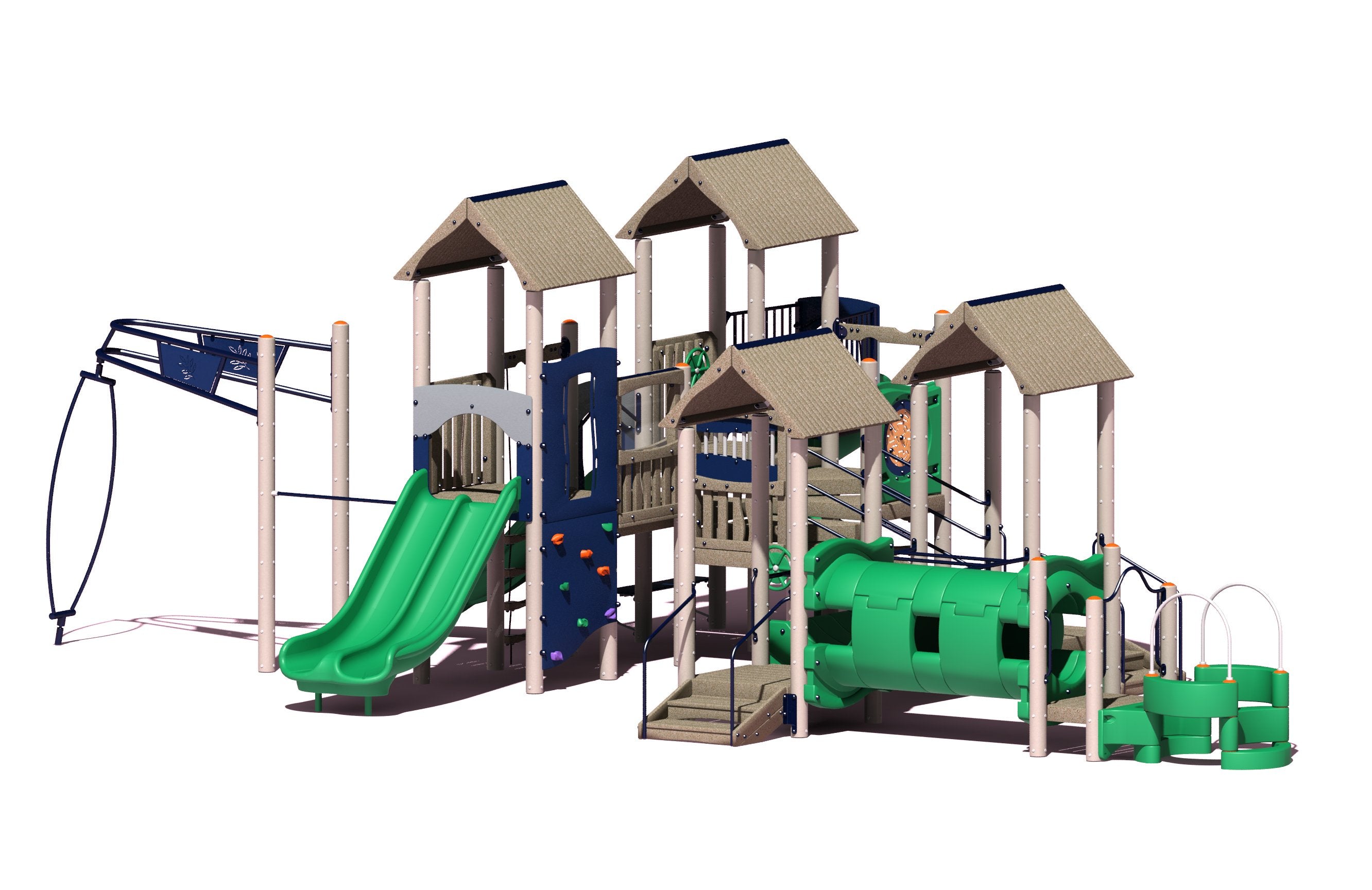 Large green and beige outdoor play structure with multiple slides, climbing walls, tunnels, and shaded platforms, ADA accessible.
