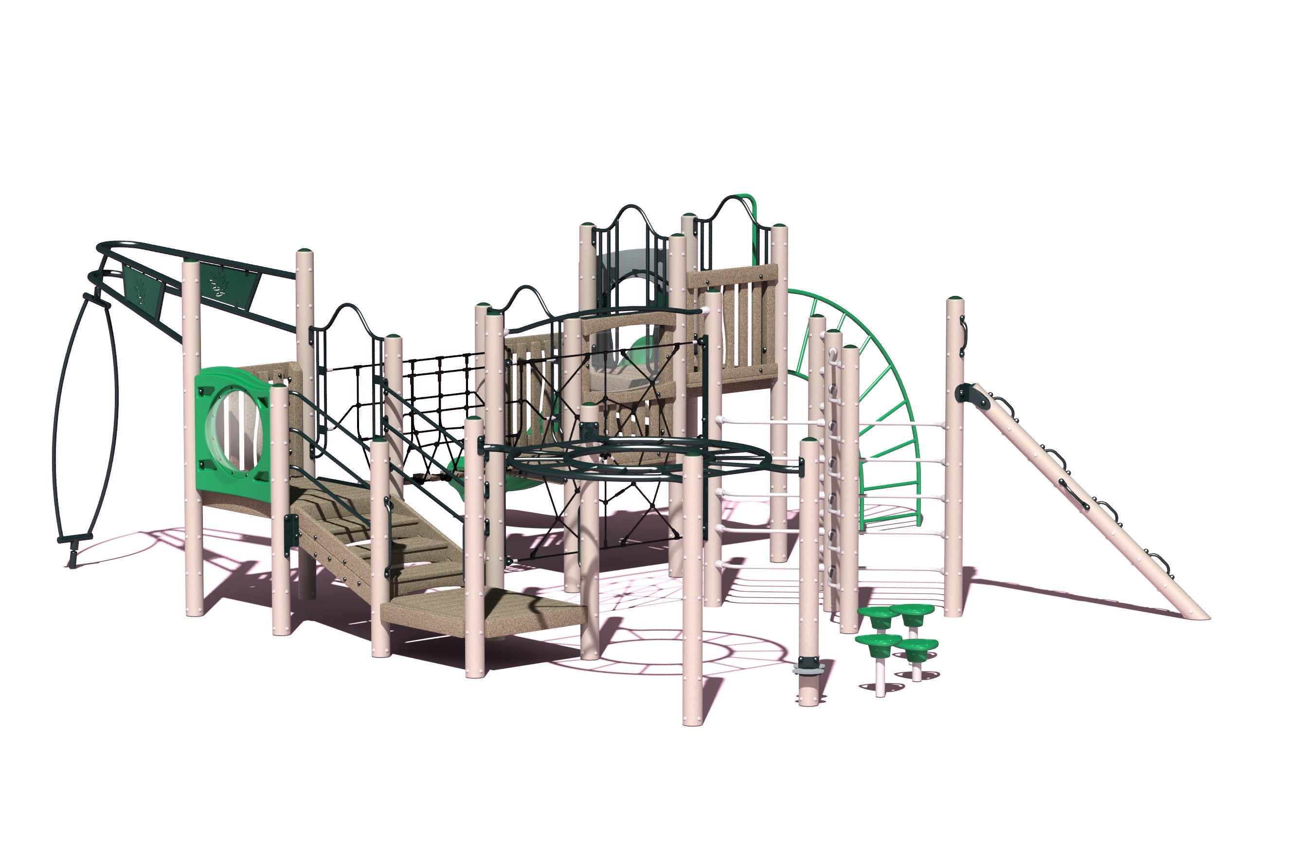 Commercial playground structure with climbing net, elevated platforms, overhead ring spinner, and balance pods in woodland colors