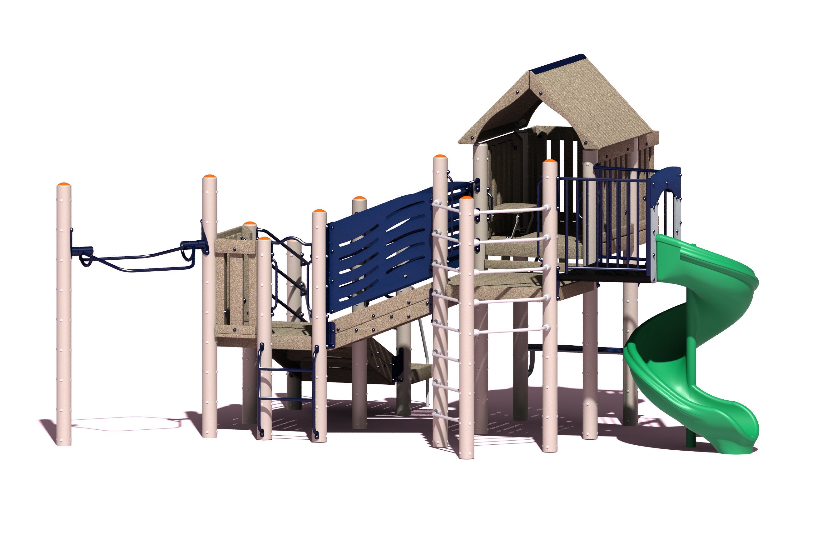 Side view of ADA-accessible commercial playground with playhouse, green spiral slide, rope elements and climbers.