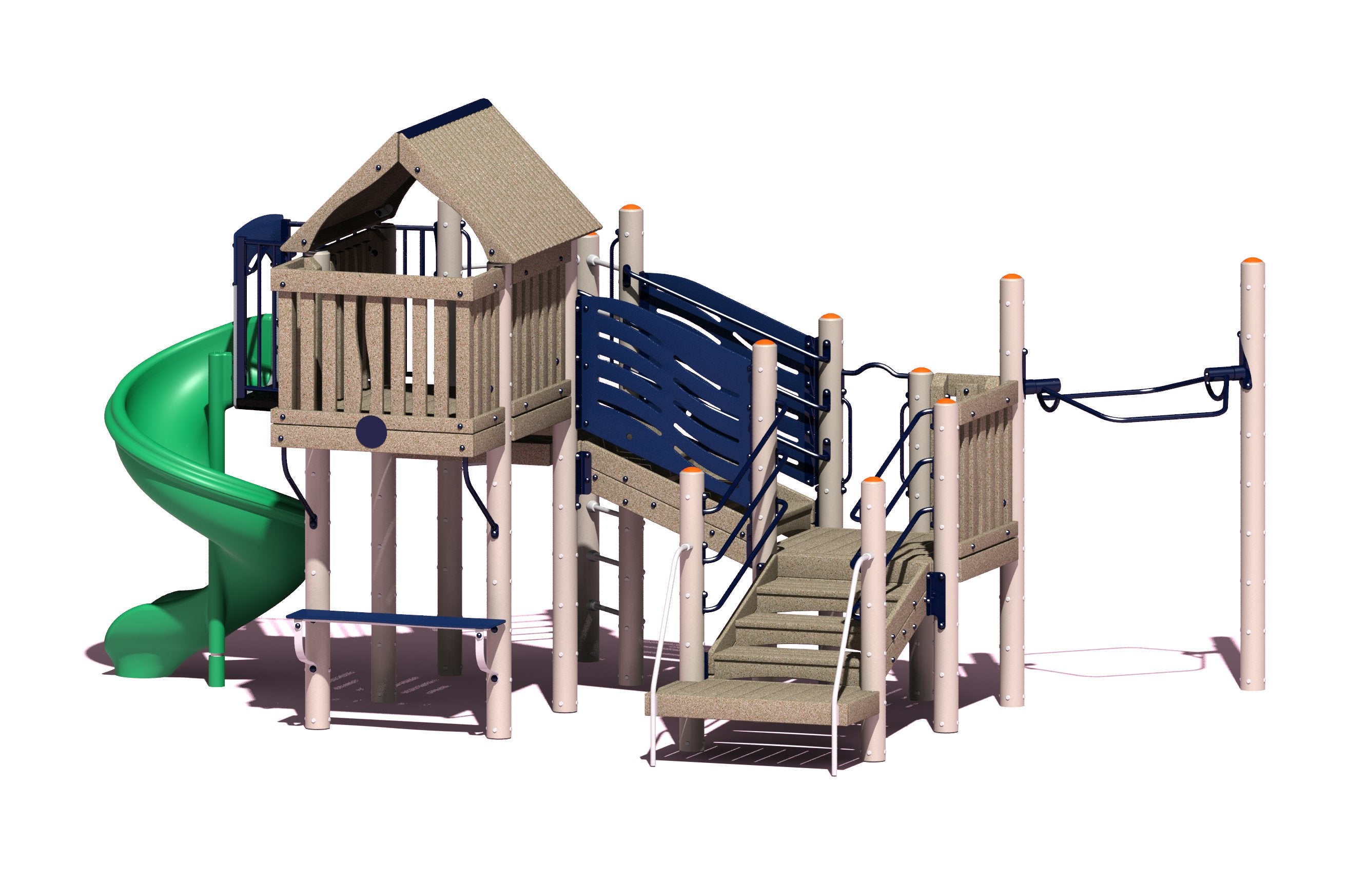 Commercial playground structure with playhouse, stairs, bridge, blue rails, green spiral slide, and overhead fitness bar.