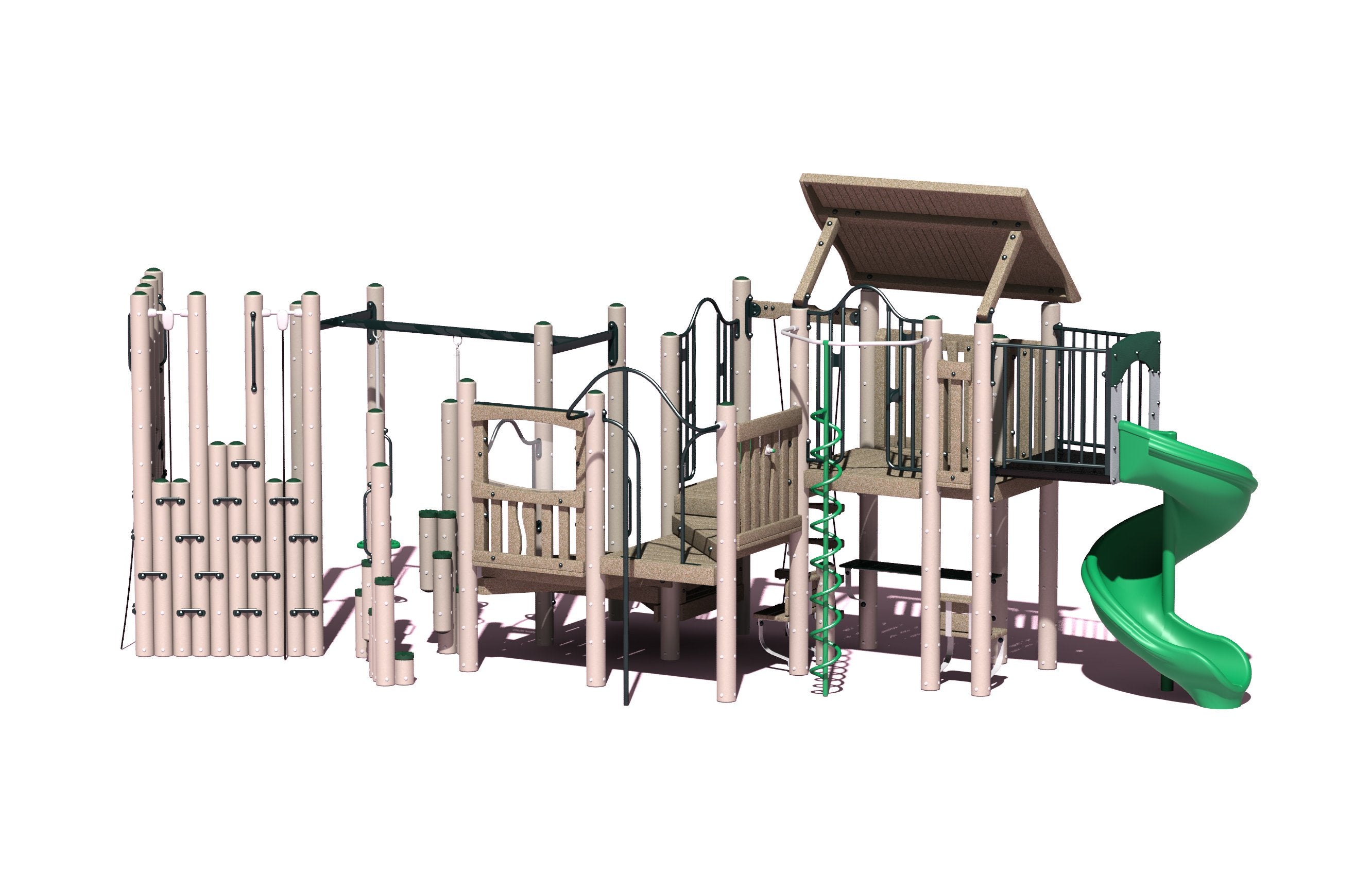 Outdoor playground structure with spiral slide, multiple climbing elements, split platforms, and shaded roof in woodland colors