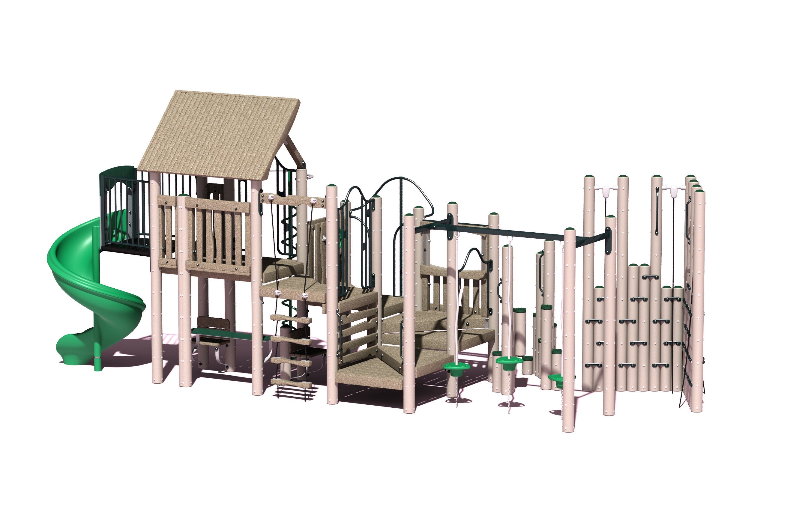 Outdoor playground structure with spiral slide, multiple climbing elements, platforms, and rope features in natural wood tones and green accents.