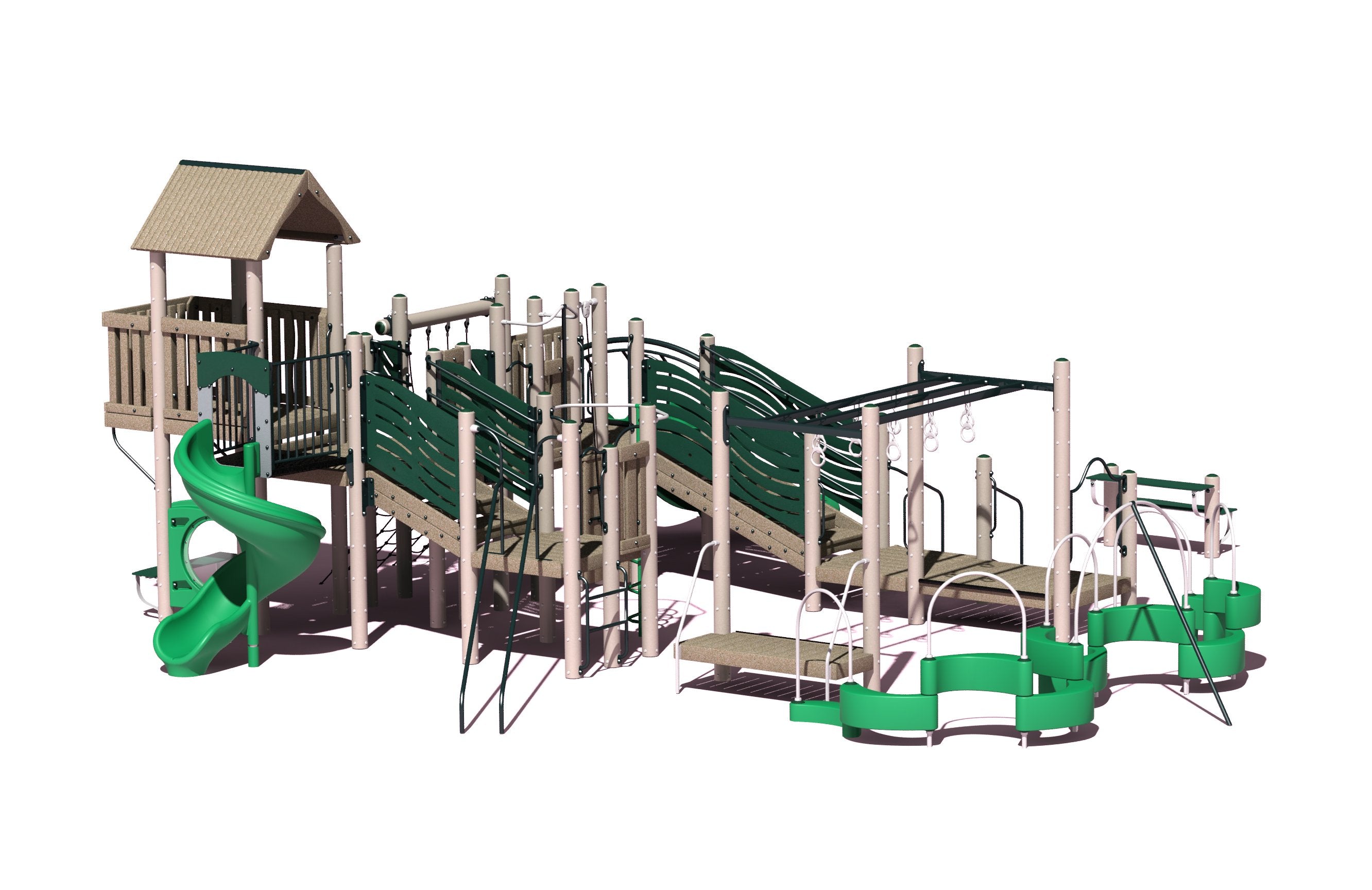 Outdoor playground structure with green spiral slide, triple wave slide, climbing net, bridges, and multiple activity stations in woodland colors