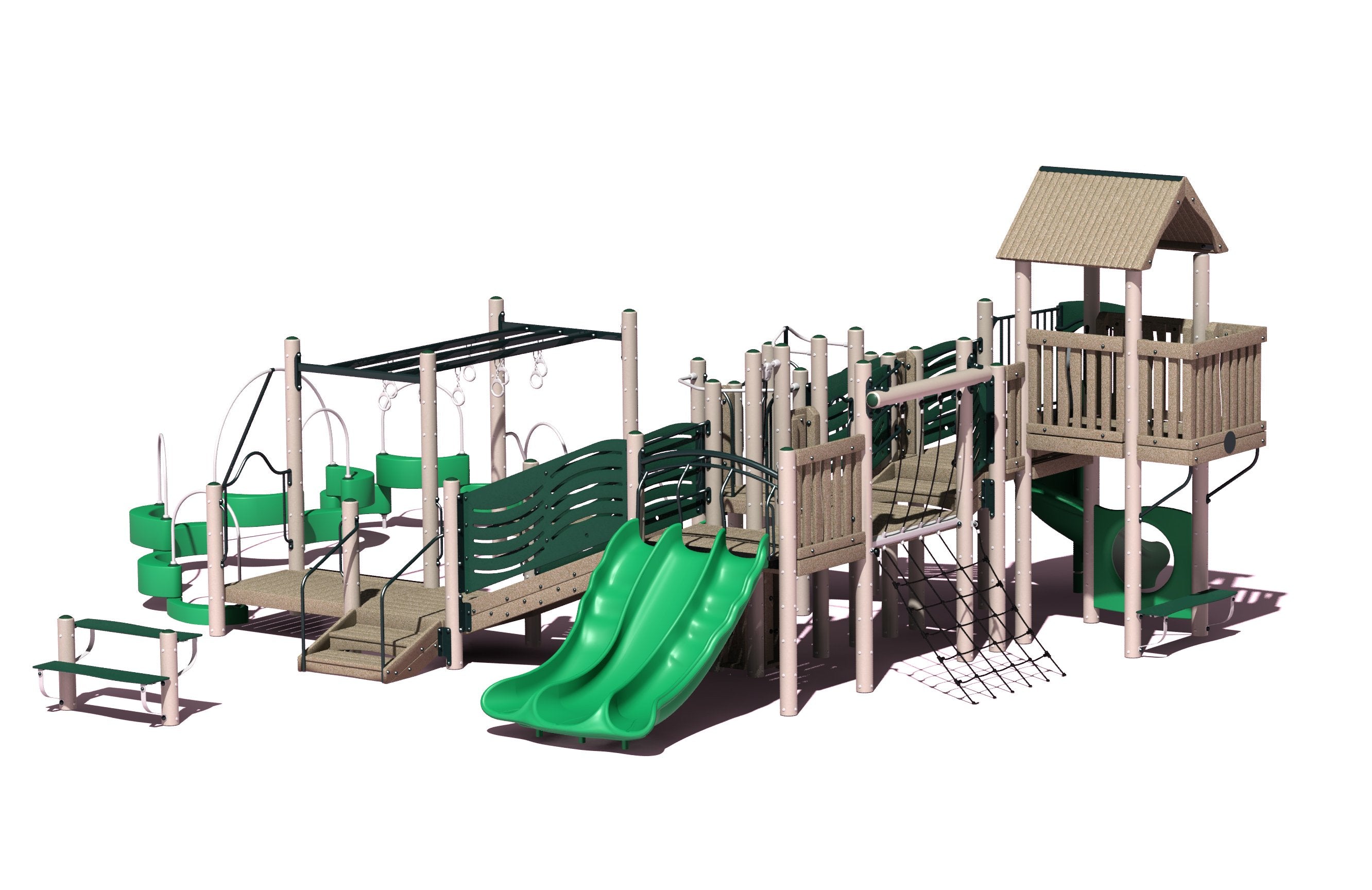 Large outdoor playground structure with triple wave slide, climbing net, spiral slide, and multiple activity platforms in green and tan
