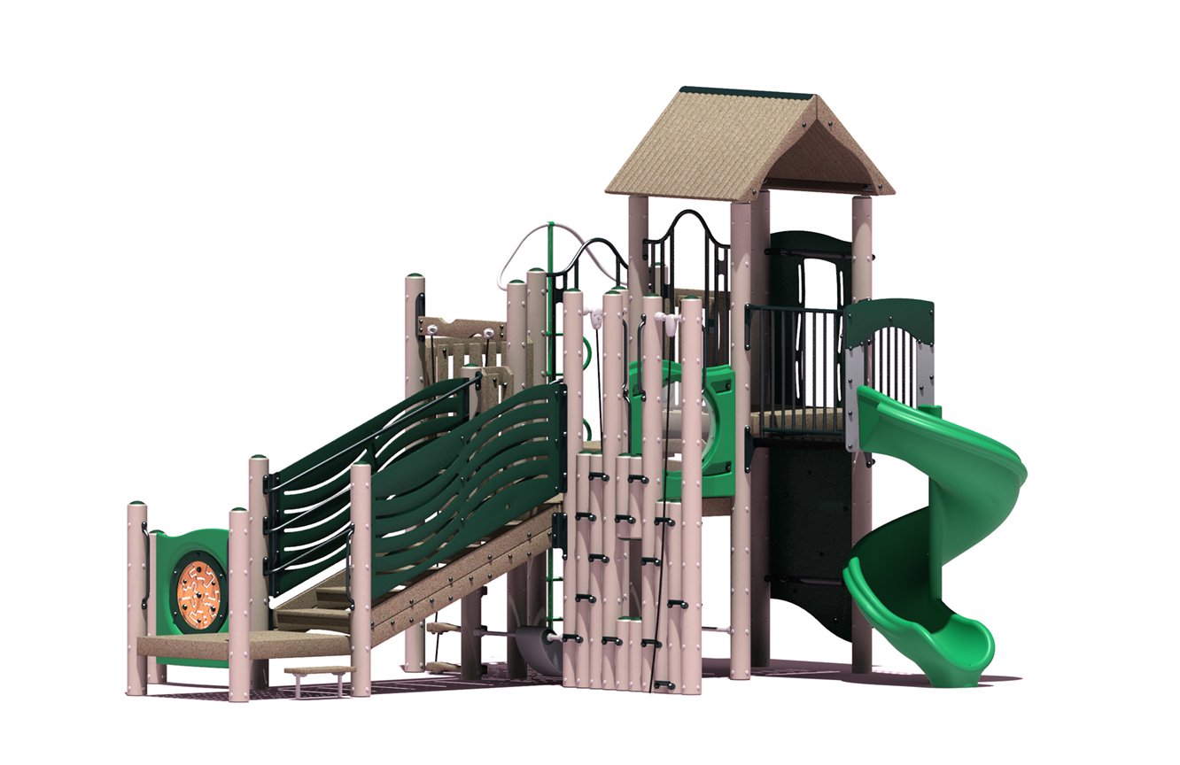 Hickory Play System with green spiral slide, climbing wall, rope ladder, roofed deck, and tan support posts