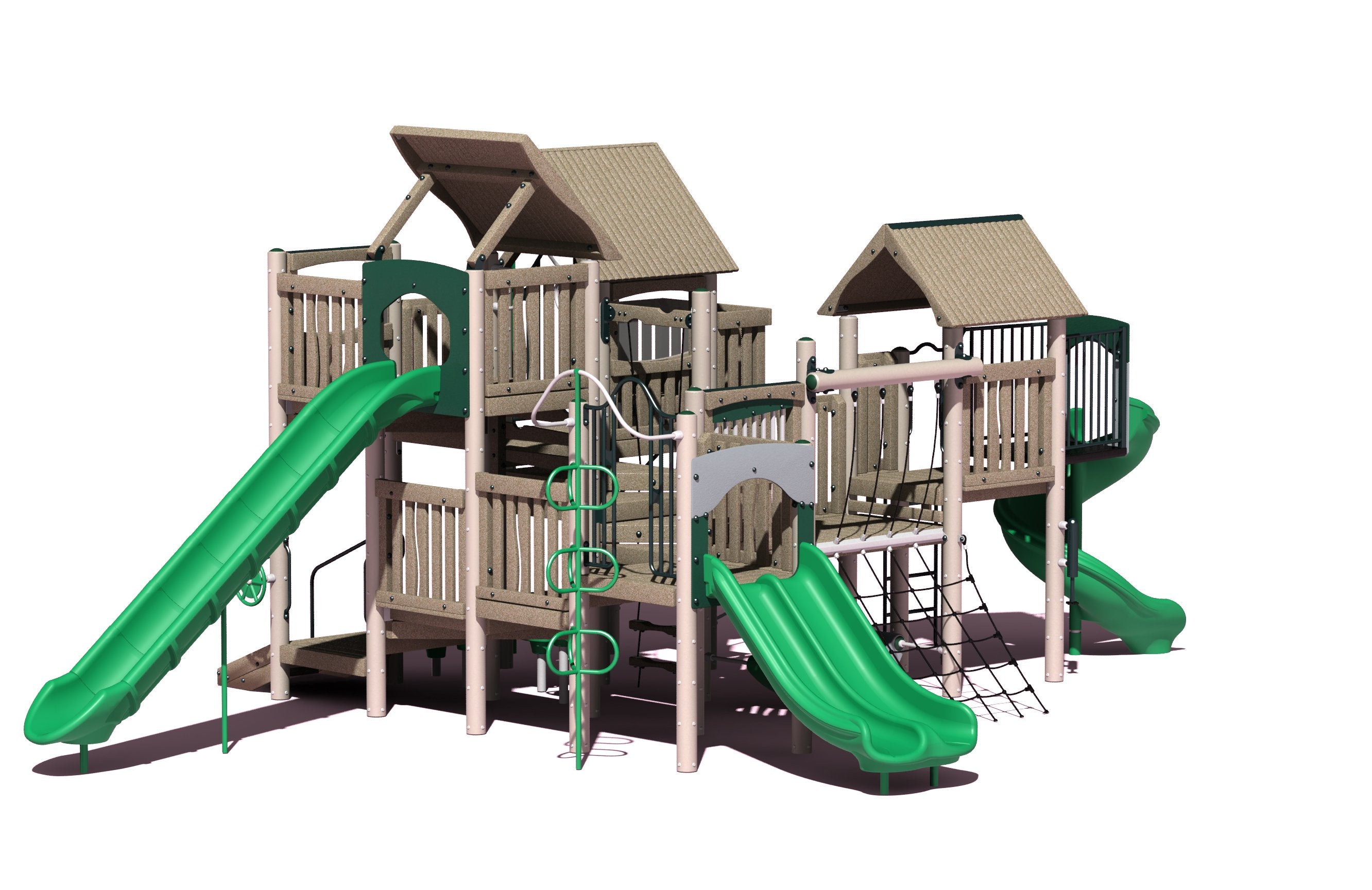 Outdoor playground structure with multiple green slides, climbing elements, beige roofed platforms, and a firefighter pole