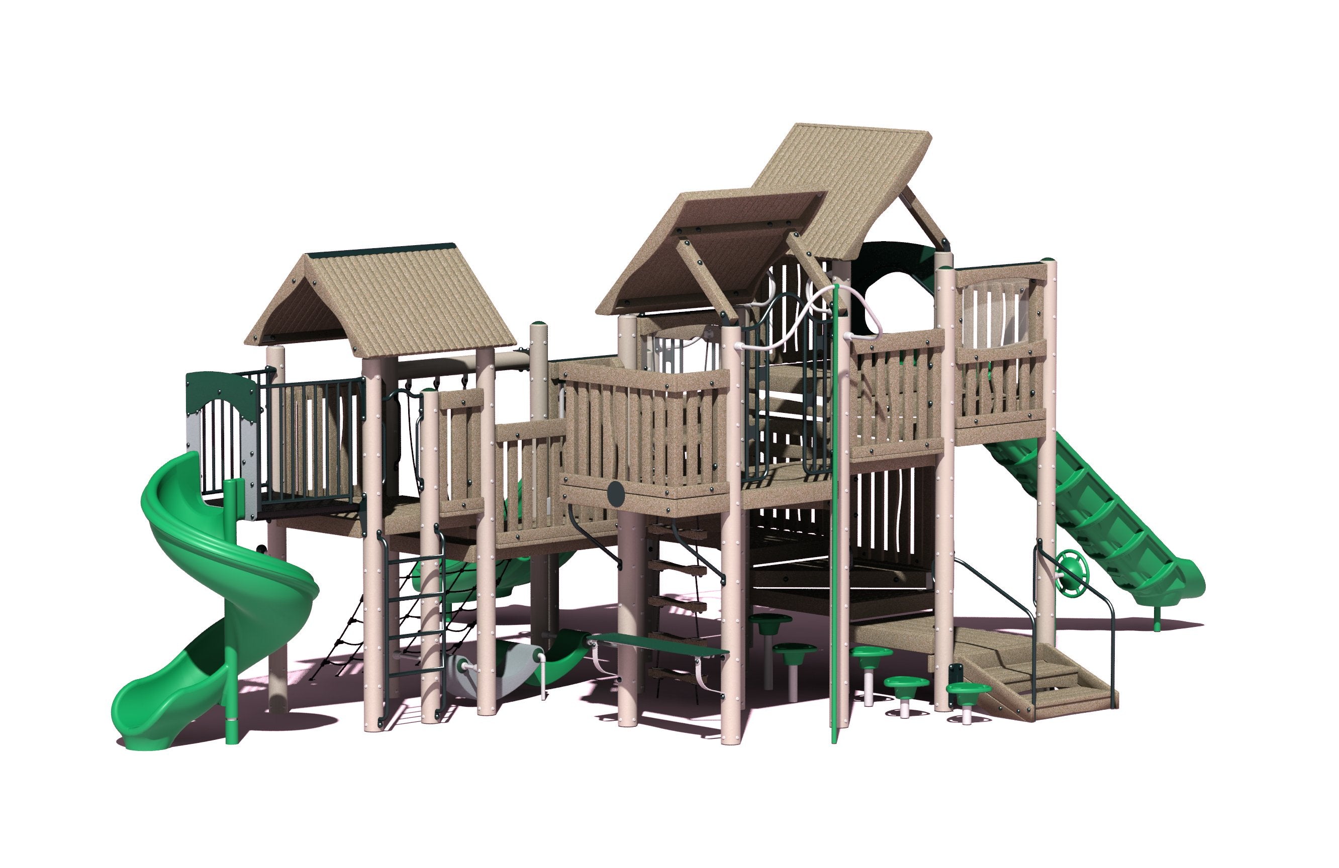 Outdoor wooden playground with spiral, double, and straight slides, climbing nets, platforms, and firefighter pole in green accents