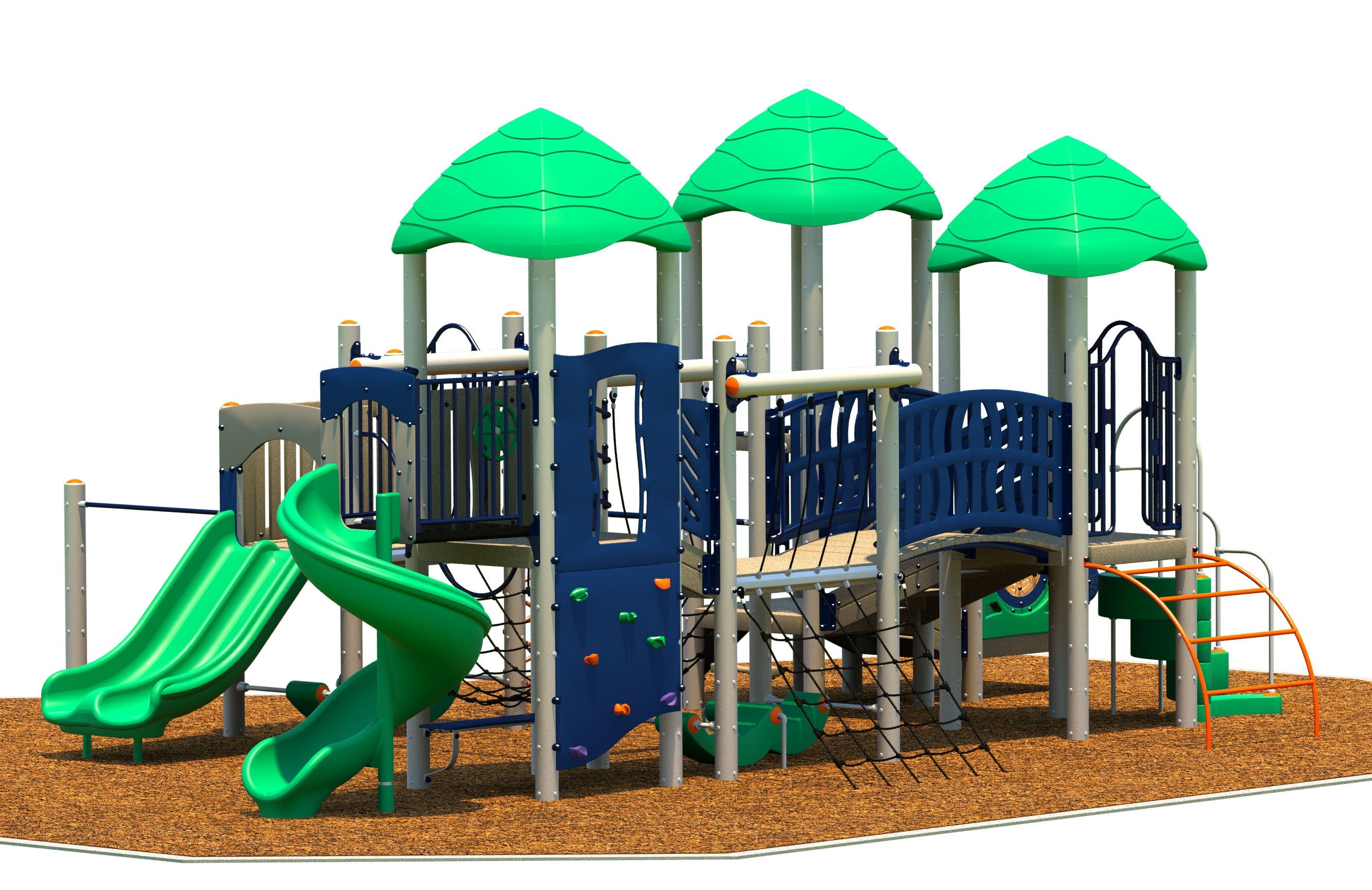 Colorful playground structure with green duo and spiral slides, blue climbing panels, rope nets, and leaf-shaped canopies