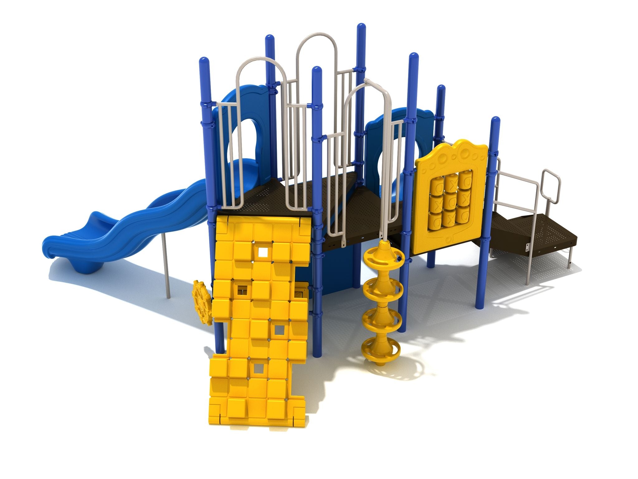 Compact rocket-shaped playground with blue wave slide, yellow rock climbing wall, tic-tac-toe panel, and spiral climber steps