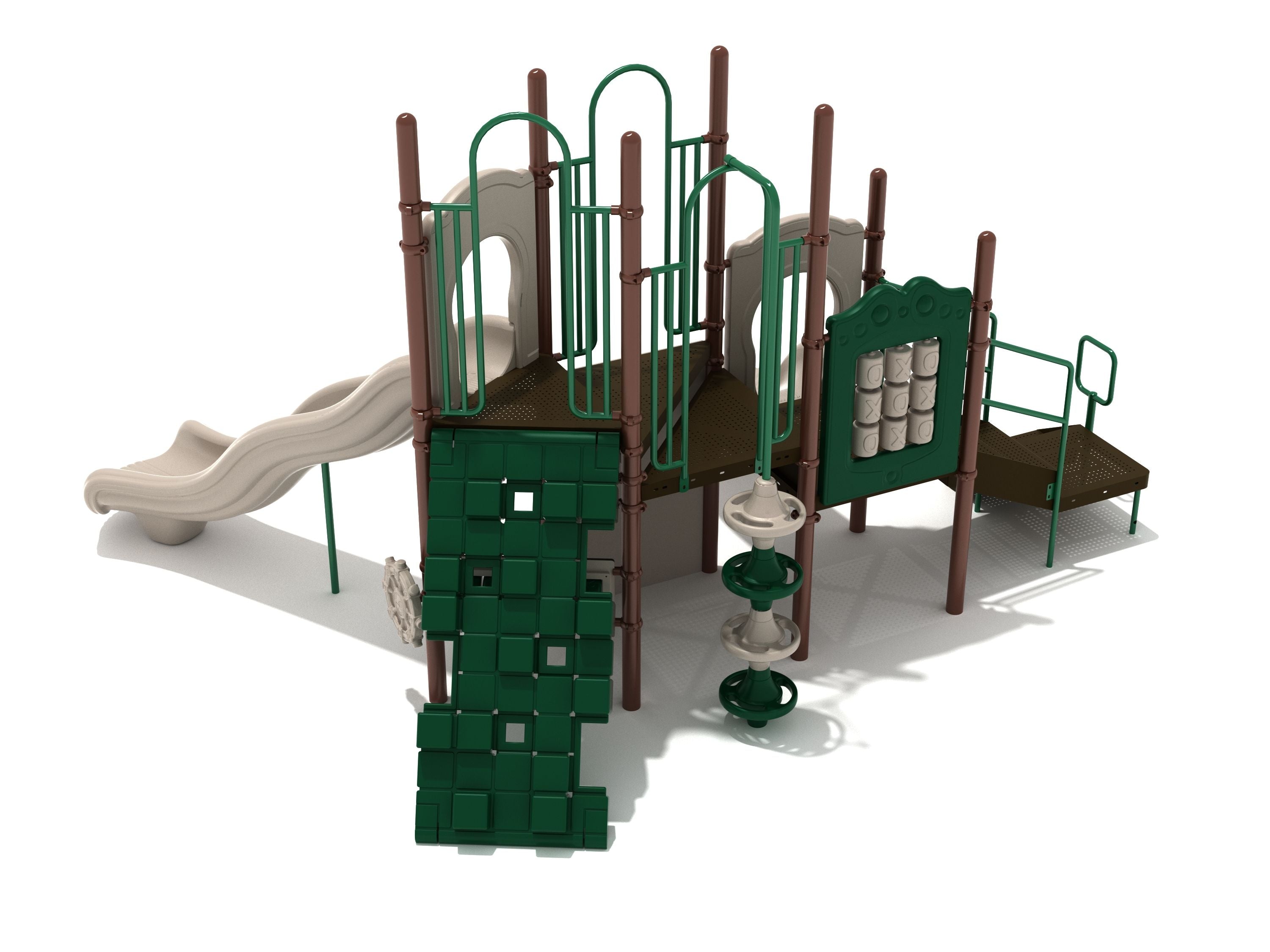 Playground structure with green rock climbing wall, tic-tac-toe panel, spiral climber, and beige double slide