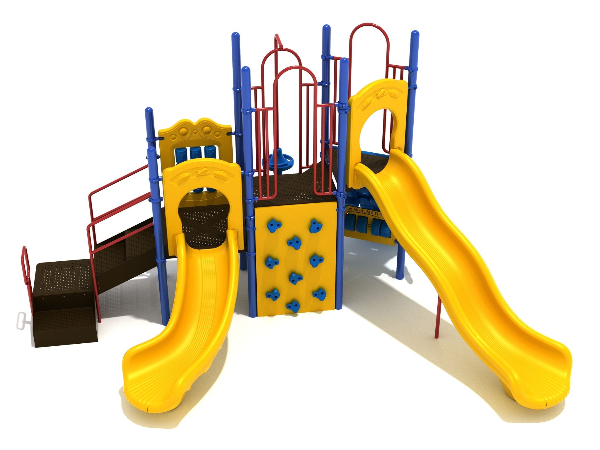 Colorful rocket-shaped playground with yellow slides, rock climbing wall, pod and pixel climbers, and interactive activity panels