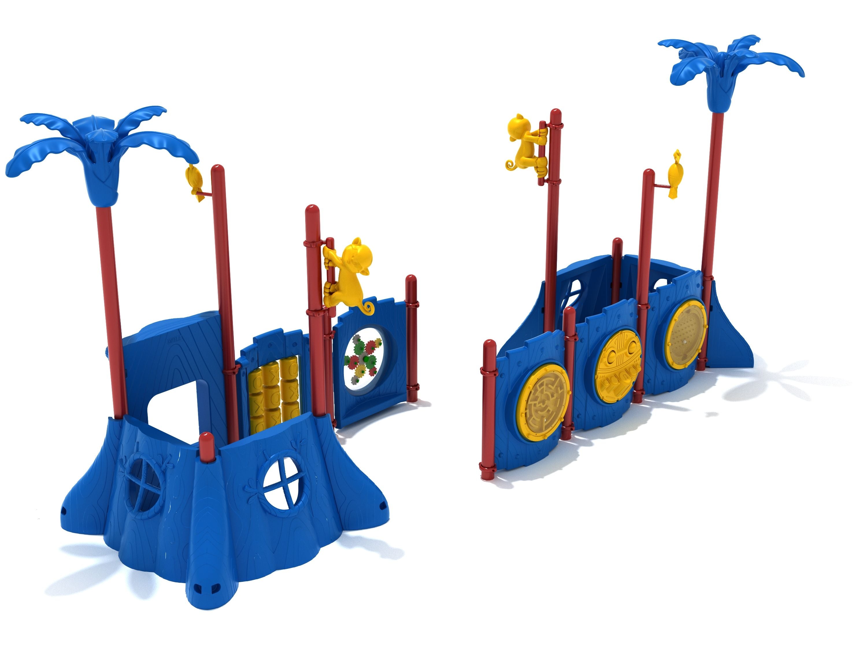 Jungle-themed blue and red play structure with palm tree toppers, yellow monkey and parrot figures, and interactive activity panels including percussion and ball maze.