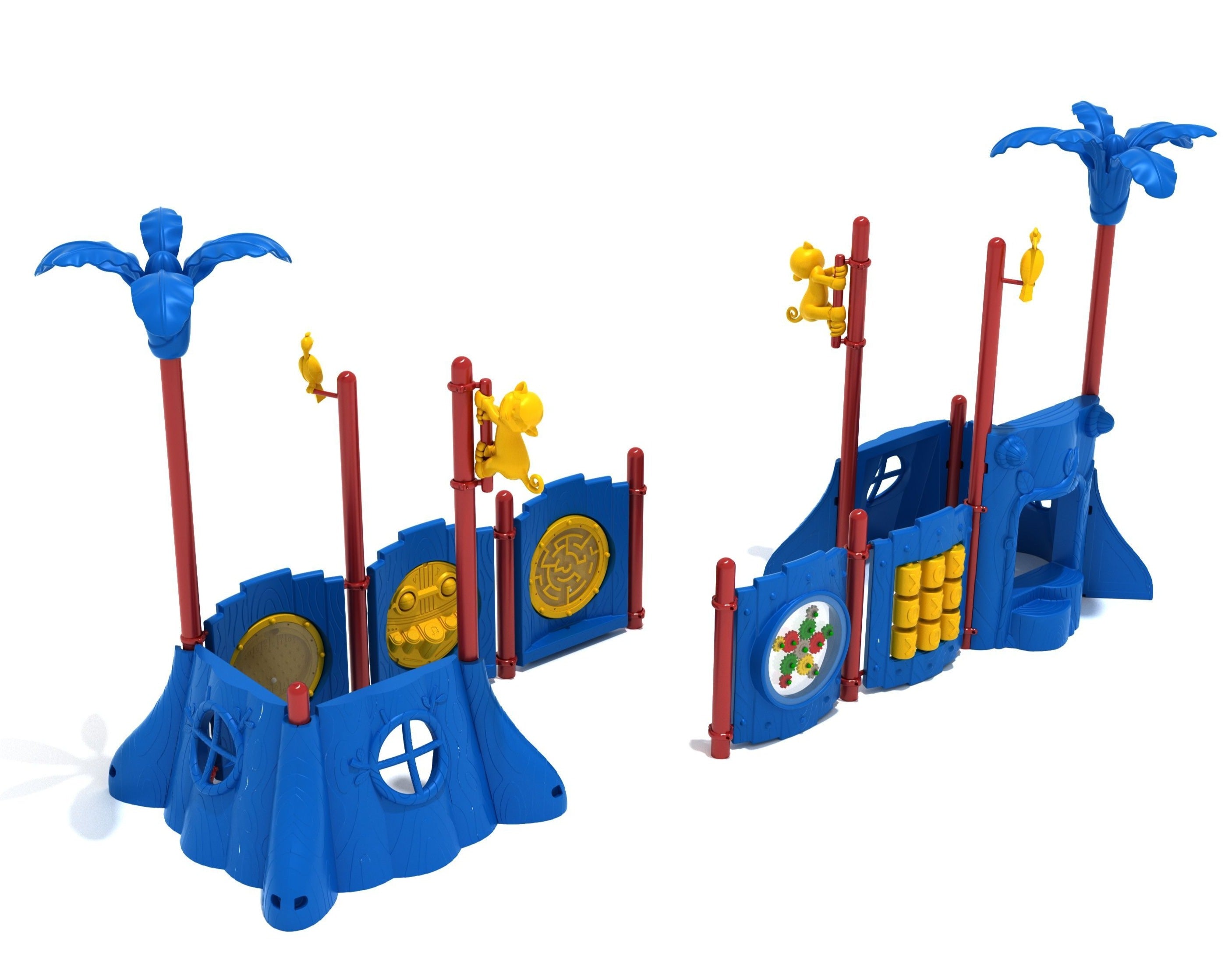 Mighty Monkey Playground with blue stump panels, red poles topped by blue palm trees, yellow monkey and parrot figures, and interactive play panels including percussion and maze features.