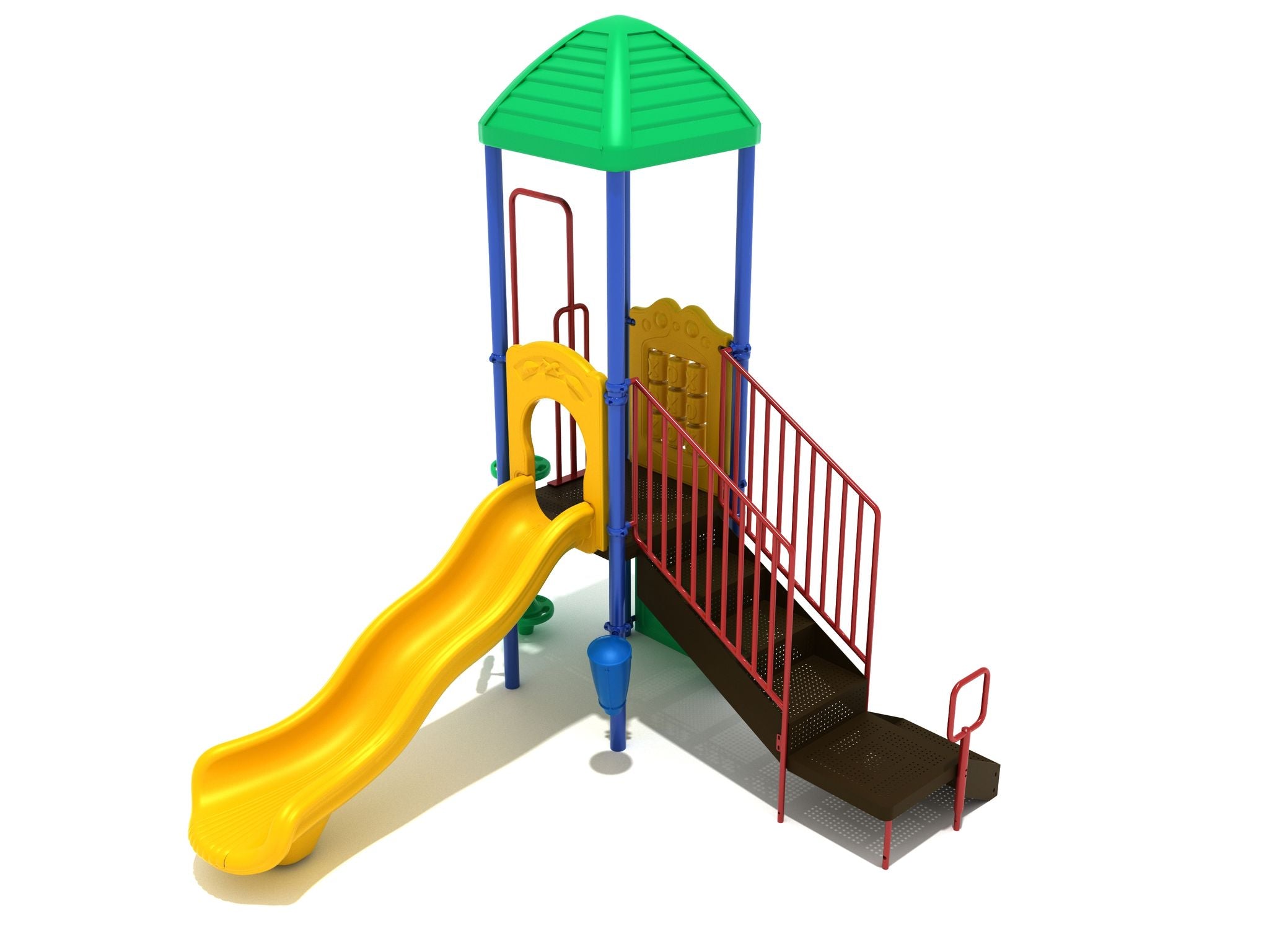 Menlo Park Playground with yellow wave slide, red stairs, green roof, interactive play panels, and ground-level play features