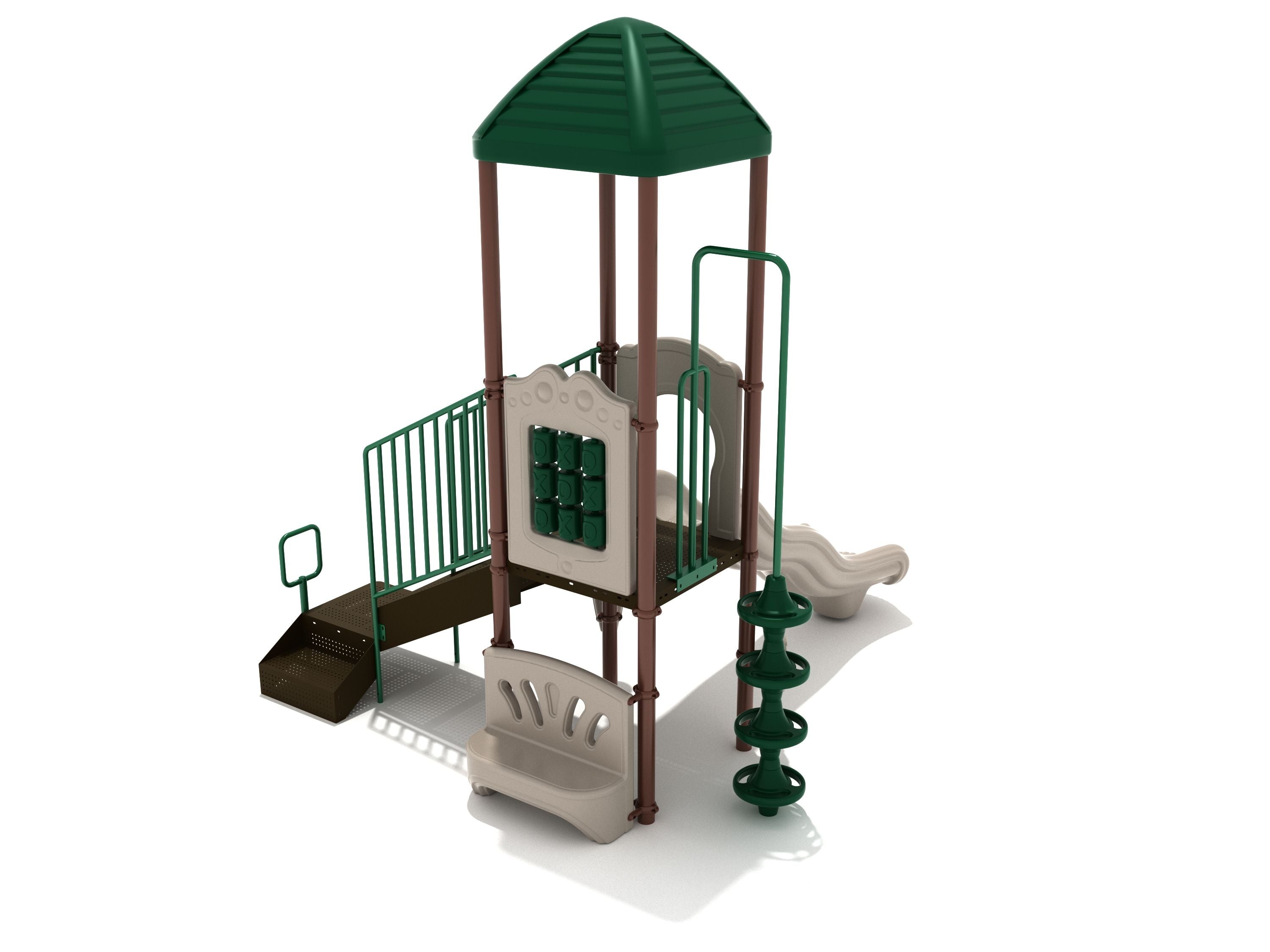 Elevated playground structure with green roof, tic-tac-toe panel, wave slide, spiral climber, and bench panel
