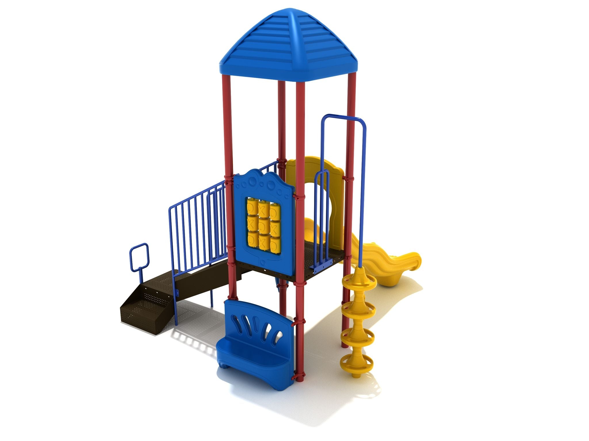 Colorful playground structure with blue roof, tic-tac-toe panel, yellow wave slide, spiral climber, and blue bench