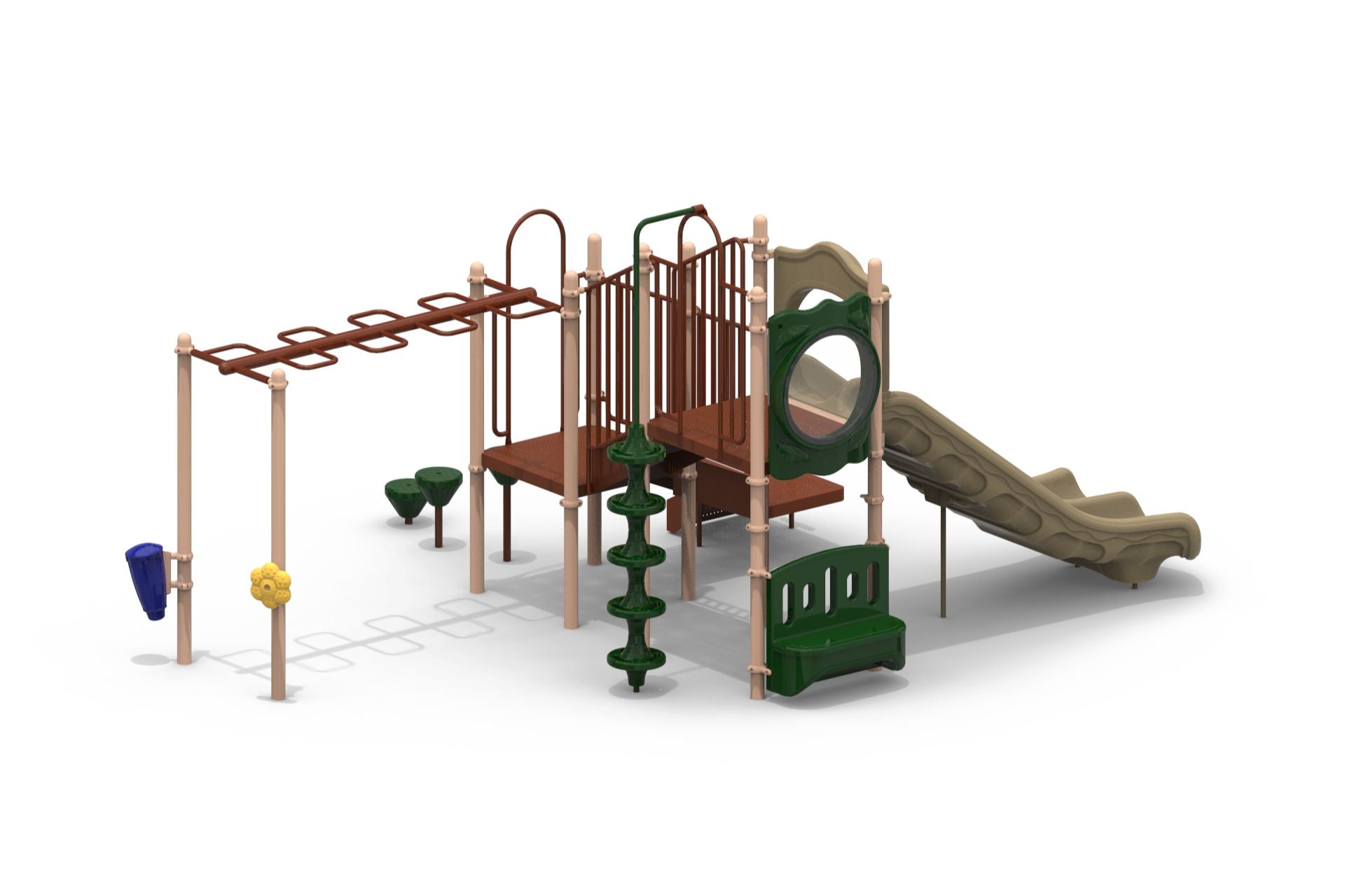 Playground structure with double slide, monkey bars, pod climbers, crawl tunnel, and sensory panels in earth tones