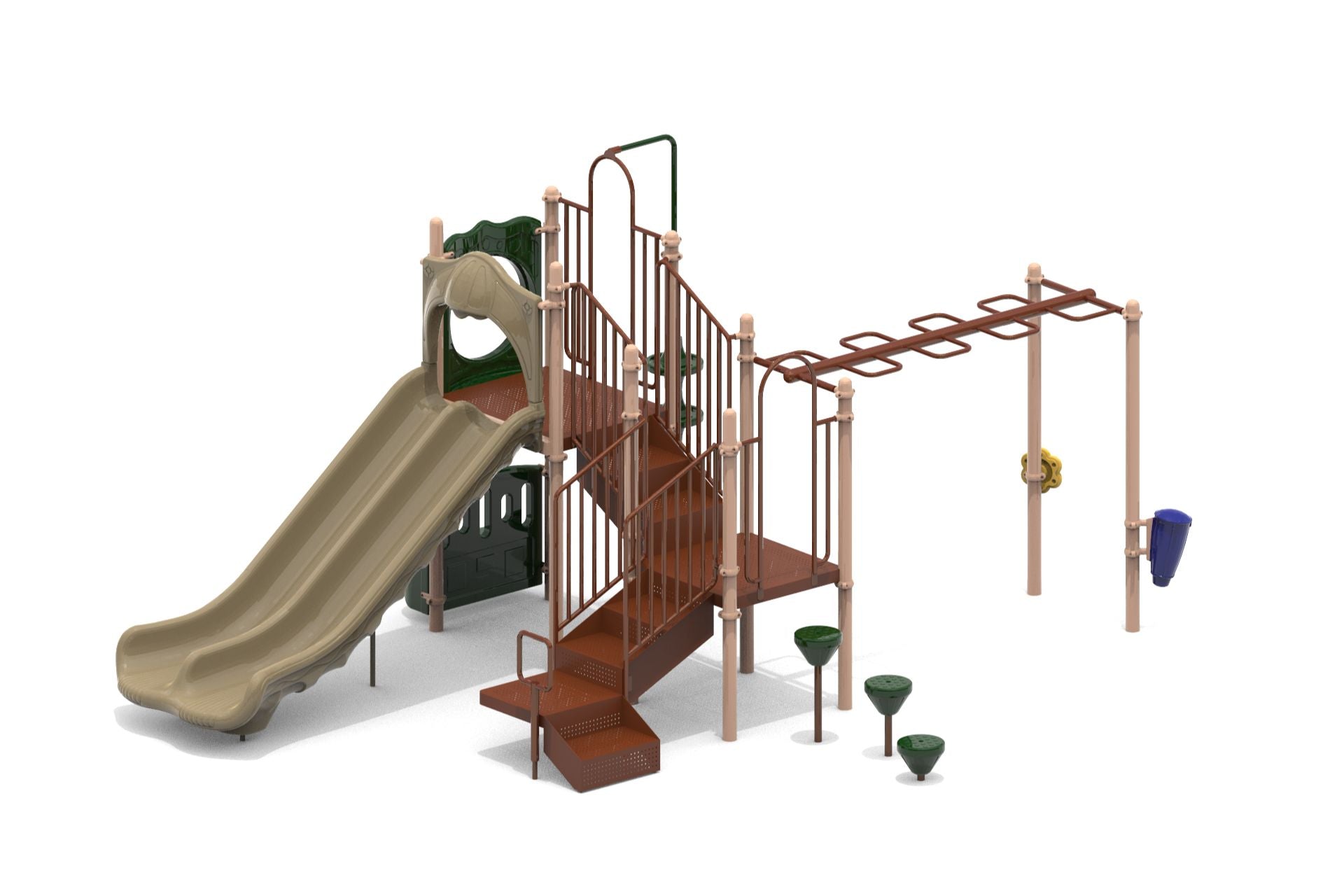 Playground structure with double slide, stairs, monkey bars, pod climbers, crawl tube, and sensory play elements in natural tones