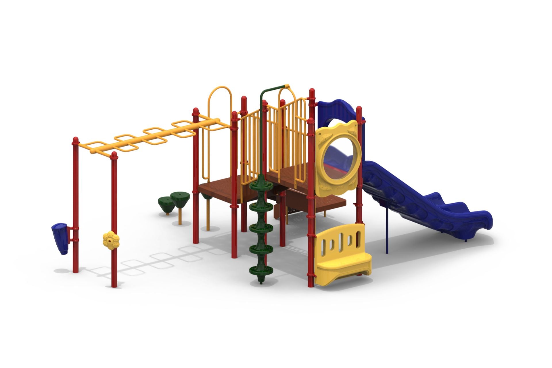 Colorful playground with double blue slide, yellow climbing pod, red posts, monkey bars, crawl tube, and sensory play elements