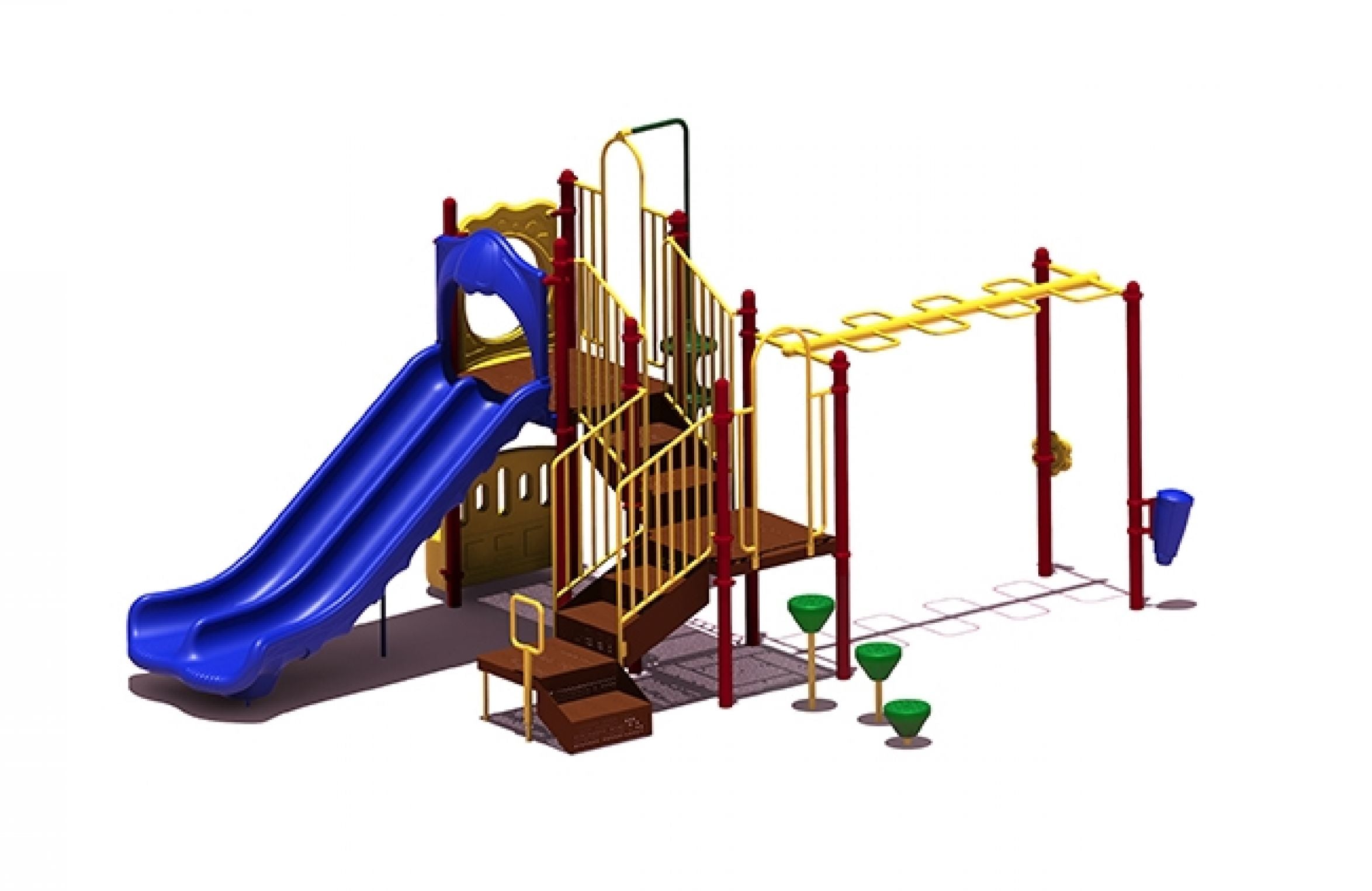 Colorful playground structure with double blue slides, yellow monkey bars, green stepping pods, stairs, and a crawl tunnel