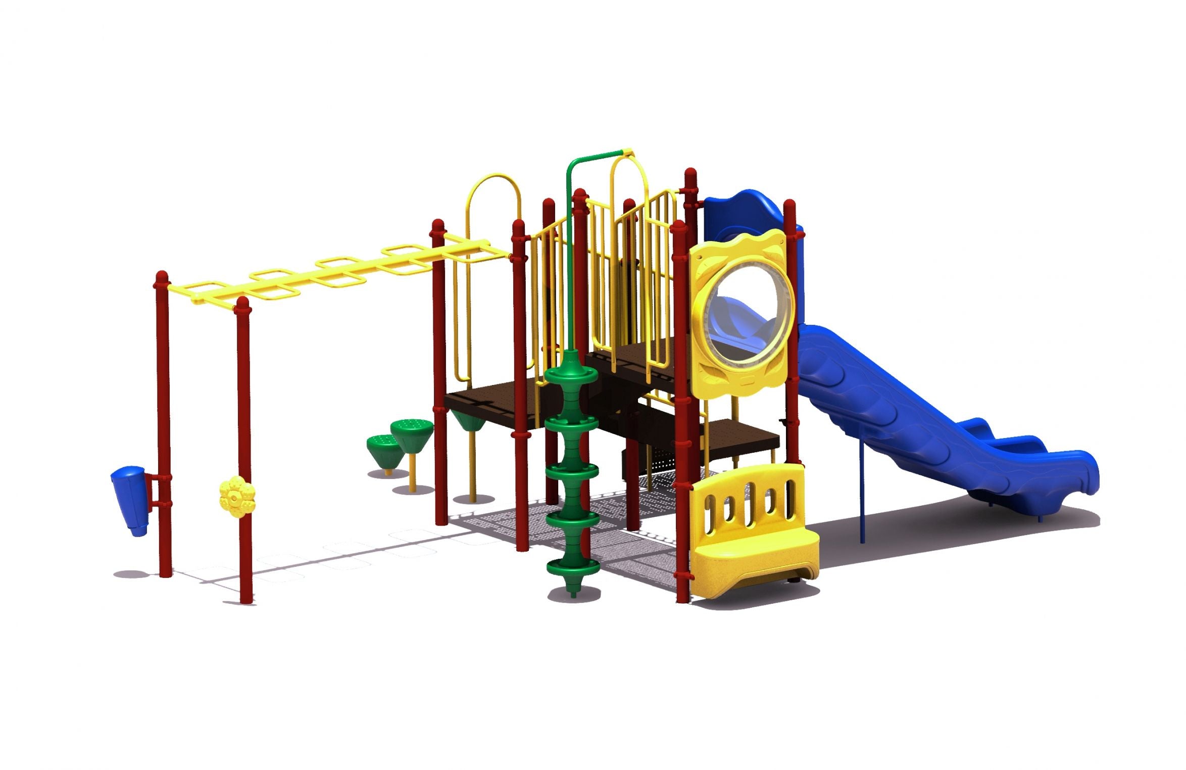 Colorful playground with double blue slide, yellow climbing panels, green pod climbers, monkey bars, crawl tube, and sensory play elements