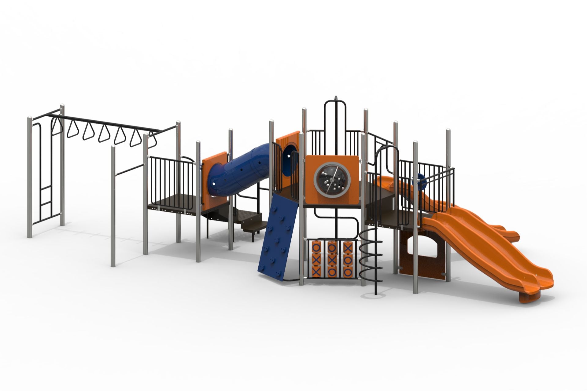 Outdoor playground with orange dual slides, blue climbing wall, tube slide, monkey bars, and interactive play panels.