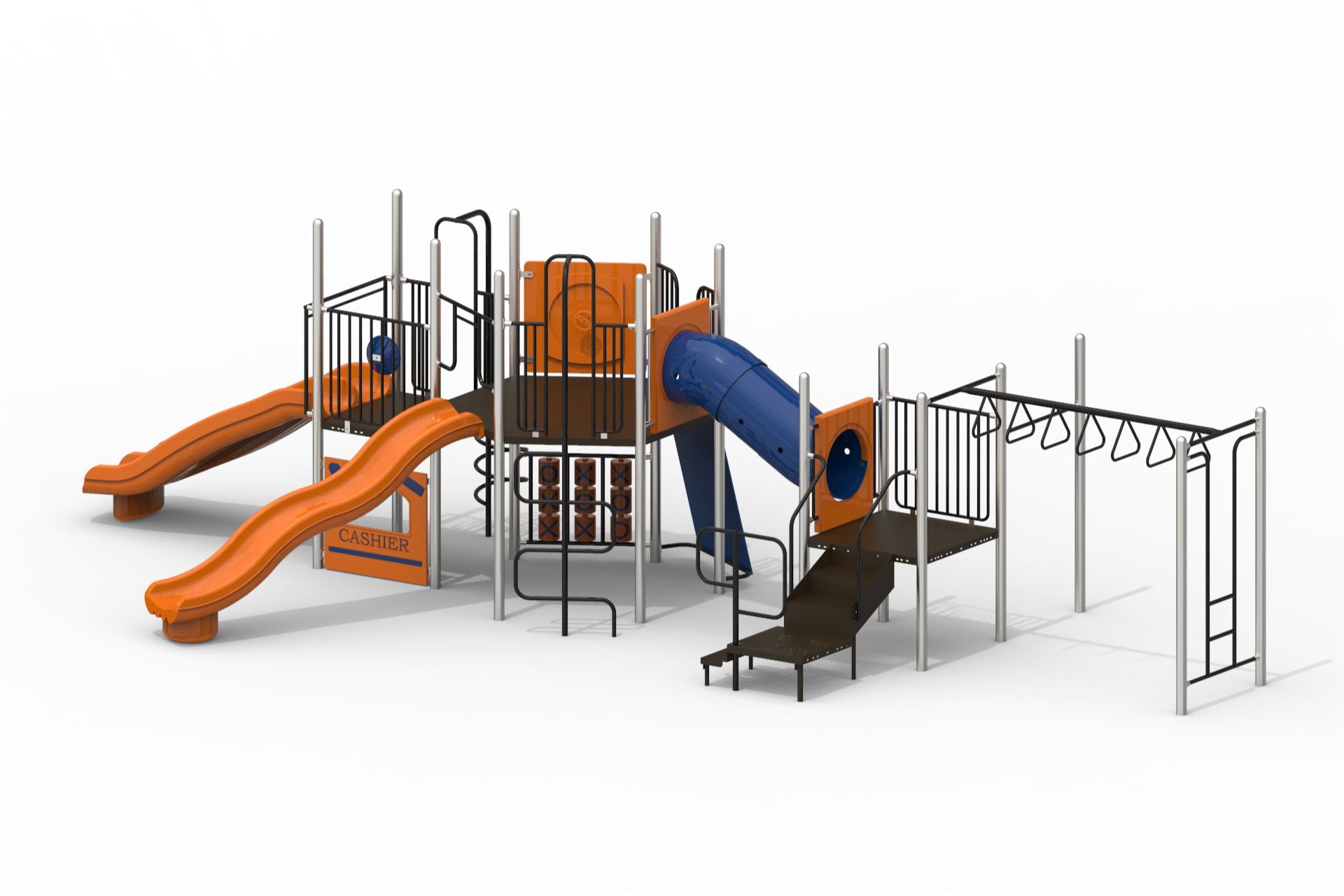 Outdoor playground with orange wave slides, blue tube slide, climbing panels, monkey bars, and interactive play panels.