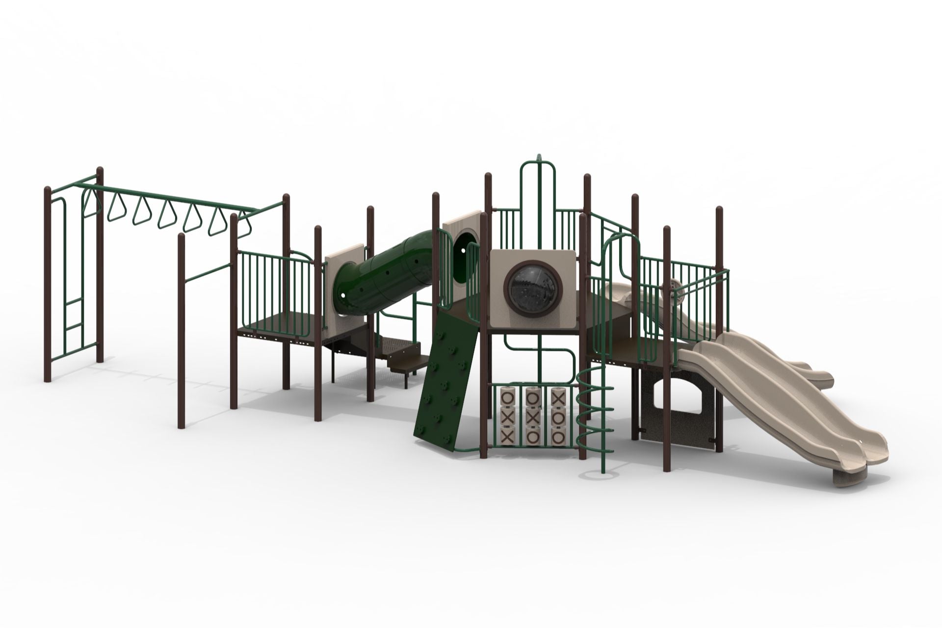 Outdoor playground with dual beige slides, green climbing wall, tube tunnel, tic-tac-toe panels, and monkey bars